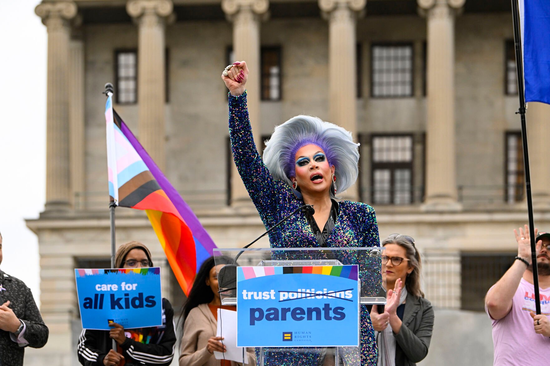 <p>Drag artist Vidalia Anne Gentry speaks during a news conference held by the Human Rights Campaign to draw attention to anti-drag bills in the Tennessee legislature, on Tuesday, Feb. 14, 2023 in Nashville, Tenn. </p>