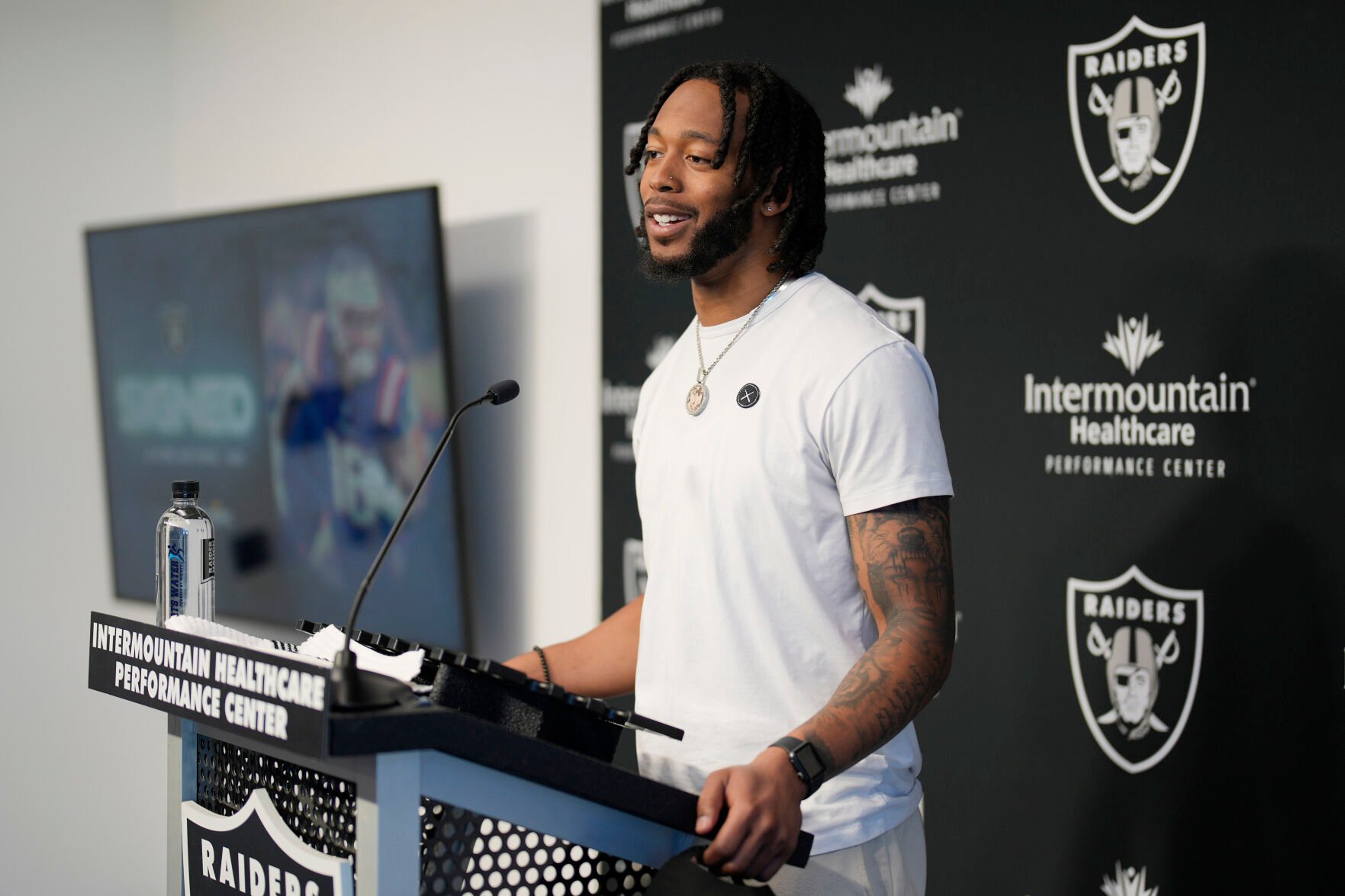 <p>Las Vegas Raiders wide receiver Jakobi Meyers takes questions from reporters at a news conference on Thursday n Henderson, Nev.</p>