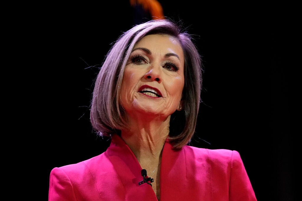 <p>FILE - Iowa's Republican Gov. Kim Reynolds delivers her inaugural address, Jan. 13, 2023, in Des Moines, Iowa. </p>