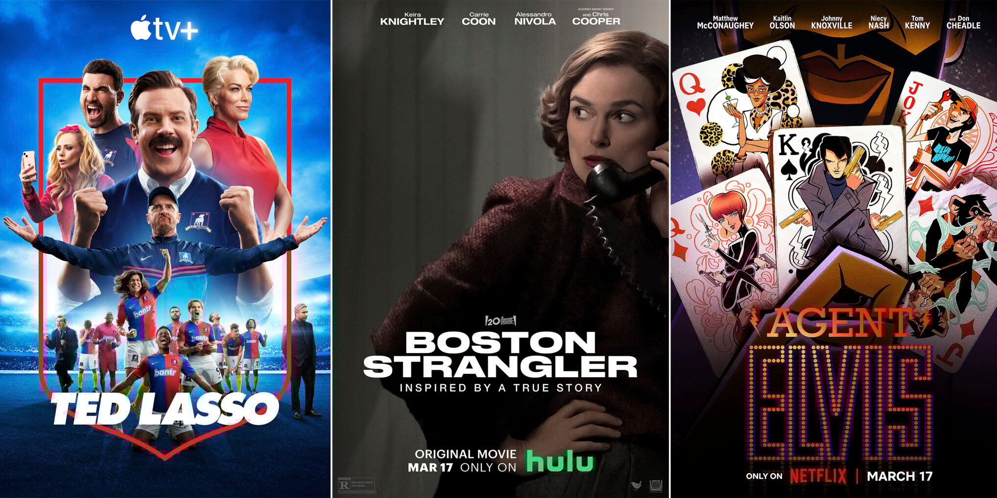<p>This combination of images shows promotional art for "Ted Lasso," the Apple TV+ series premiering its season three on March 15, left, "Boston Strangler," a film premiering March 17 on Hulu, center, and "Agent Elvis," an animated series premiering March 17 on Netflix. (Apple/Hulu/Netflix via AP)</p>