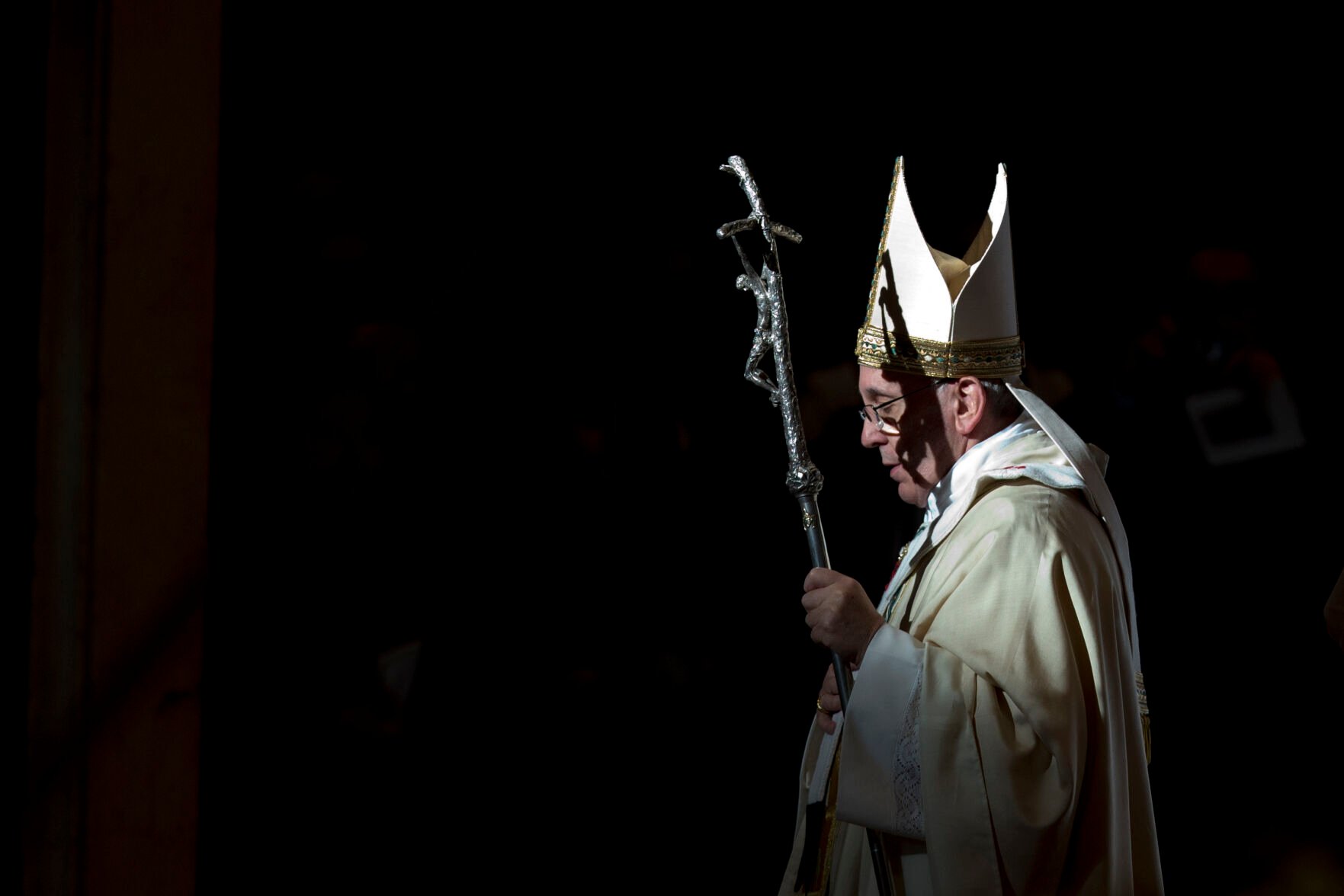 <p>Pope Francis holds the pastoral staff Jan. 6, 2014, as he leaves after celebrating a Mass to mark Epiphany in St. Peter's Basilica at the Vatican.</p>