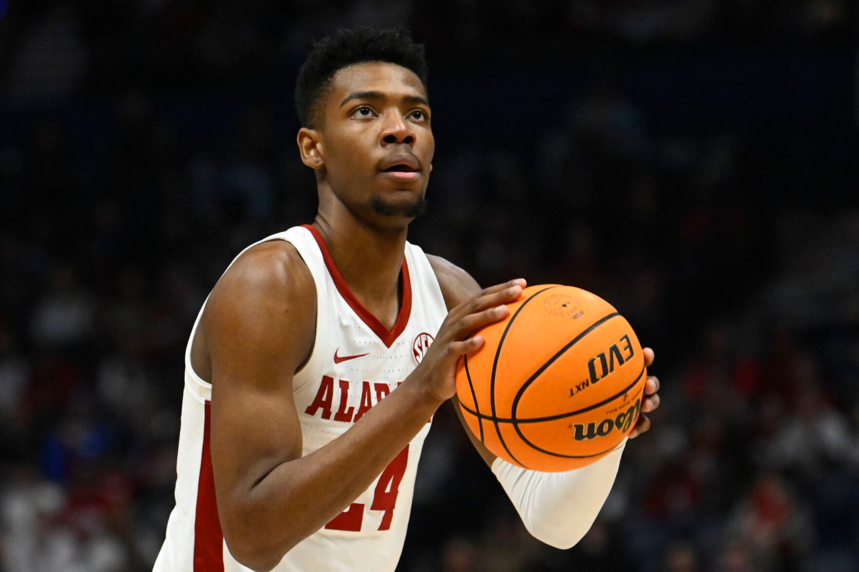 <p>Alabama forward Brandon Miller shoots a free throw against Texas A&M on March 12.</p>
