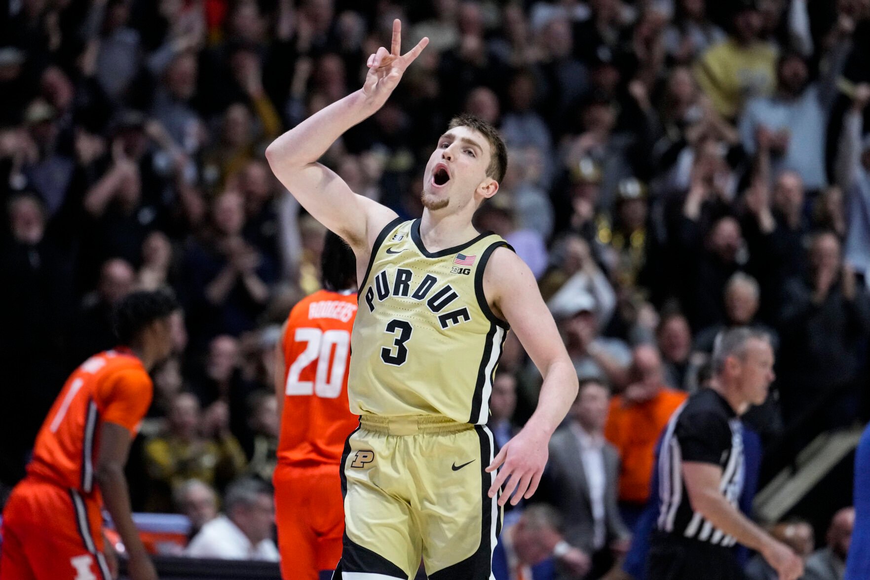 <p>Purdue guard Braden Smith celebrates after a basket against Illinois during the first half of Sunday's game in West Lafayette, Ind.</p>