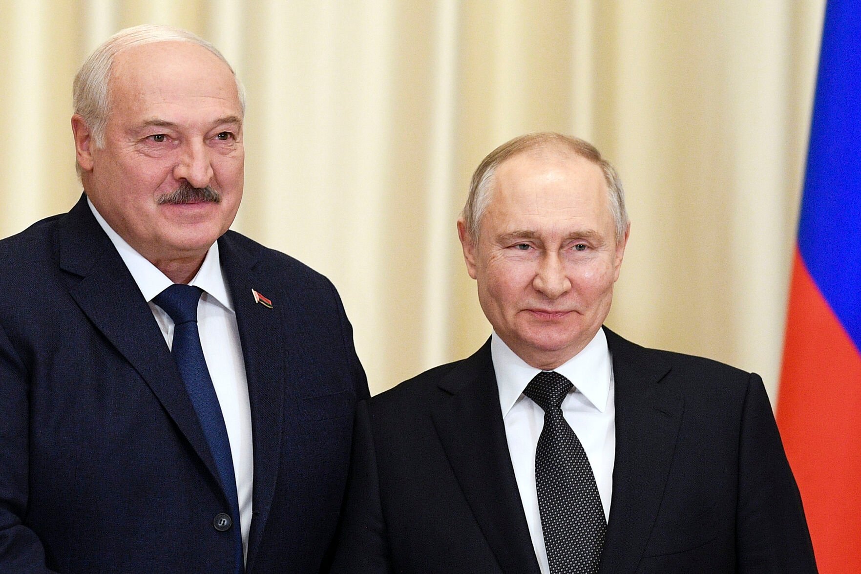 <p>Russian President Vladimir Putin, right, and Belarusian President Alexander Lukashenko.</p>