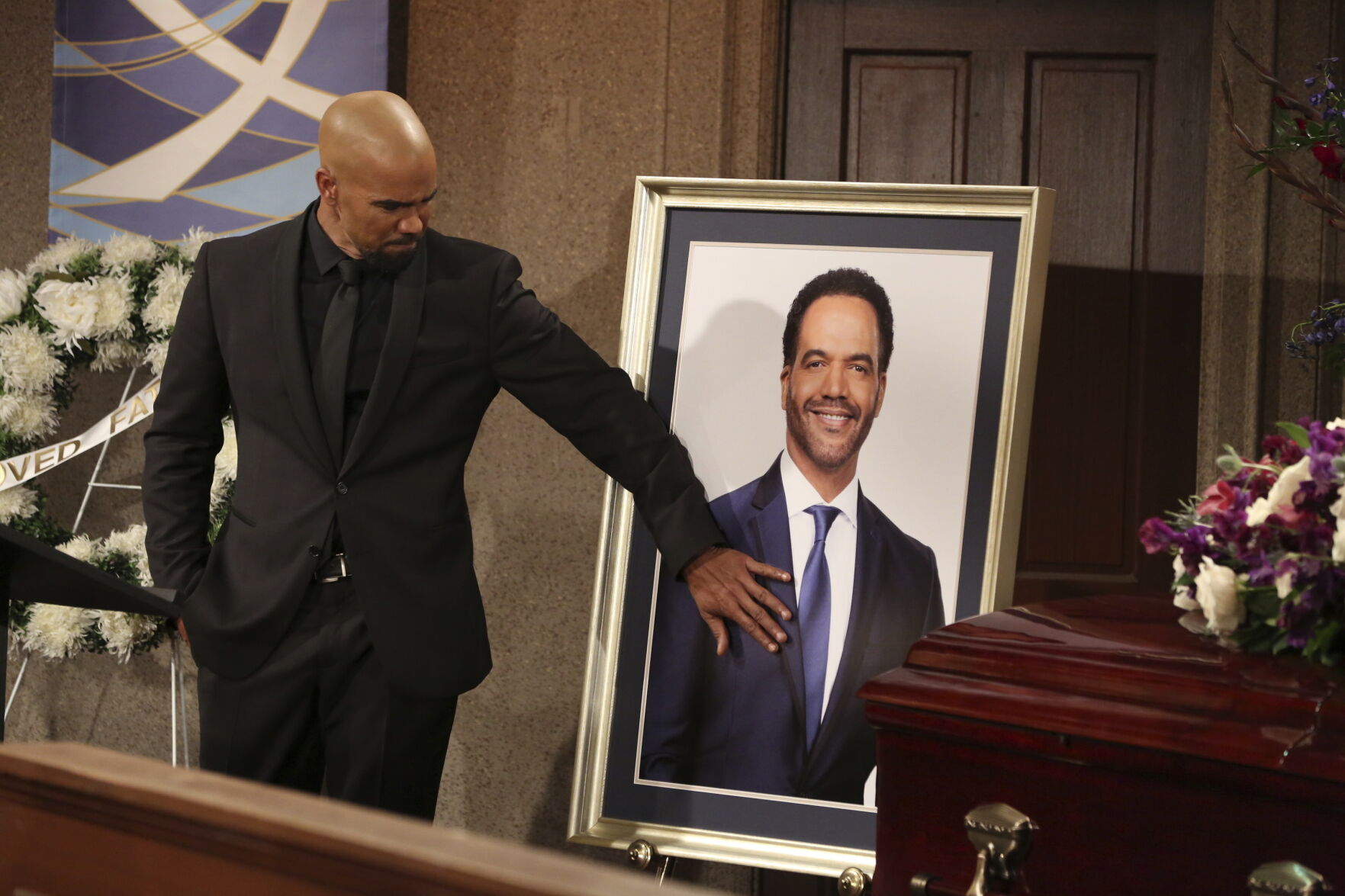 <p>Shemar Moore, who portrays Malcolm Winters in "The Young and the Restless," appears at the funeral for his brother Neil, played by the late Kristoff St. John, who died in 2019.</p>