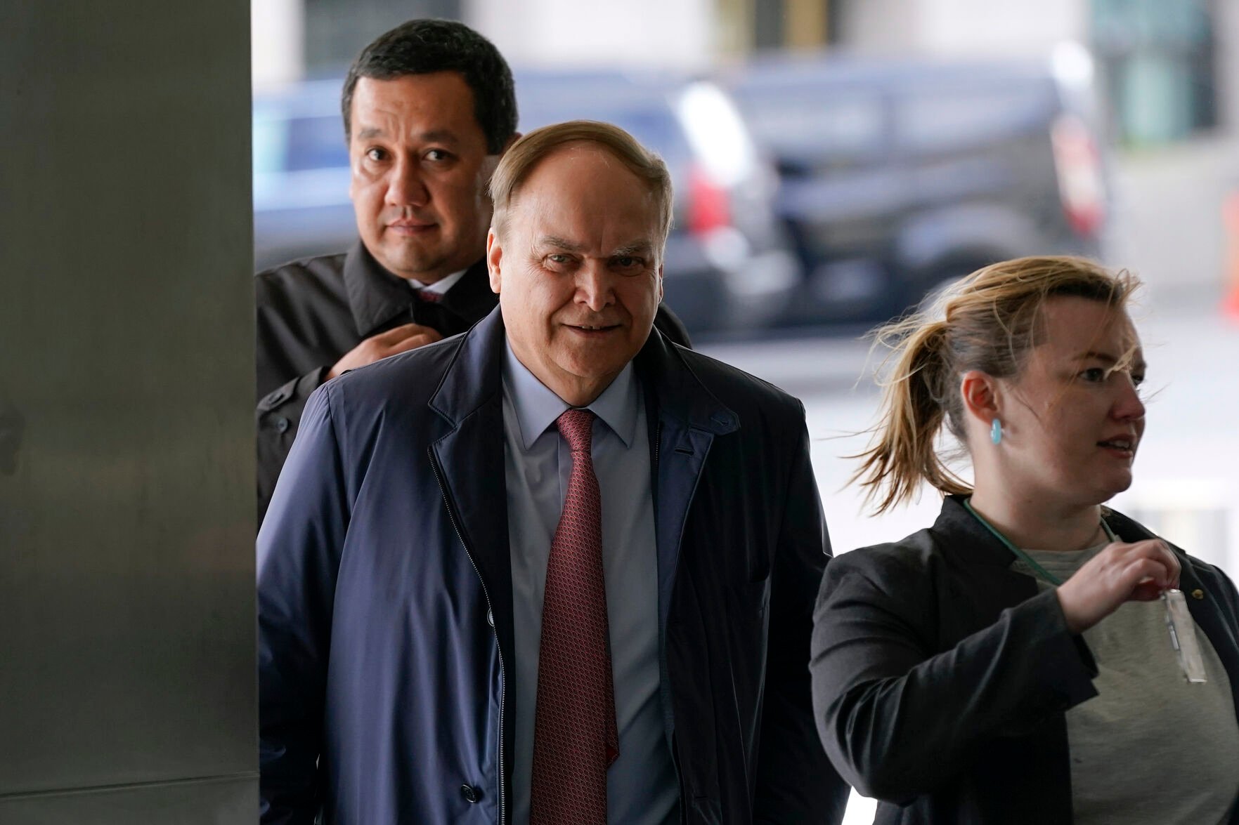 <p>Anatoly Antonov, center, Russian ambassador to the United States, arrives for a meeting with Assistant Secretary of State for Europe Karen Donfried at the U.S. State Department on Tuesday in Washington.</p>