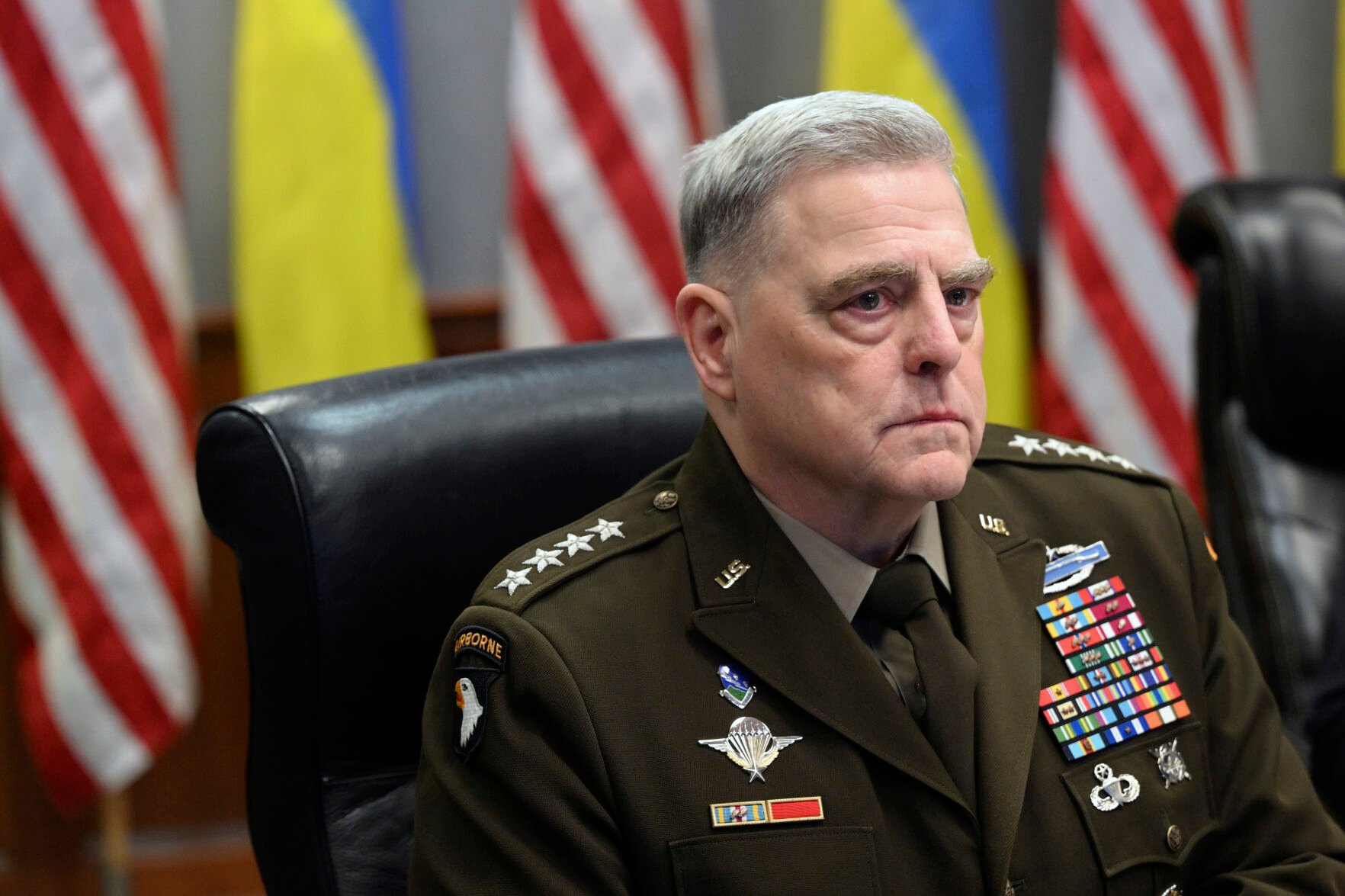 <p>Joint Chiefs of Staff Gen. Mark Milley attends a virtual meeting of the Ukraine Defense Contact Group on Wednesday at the Pentagon in Washington. </p>