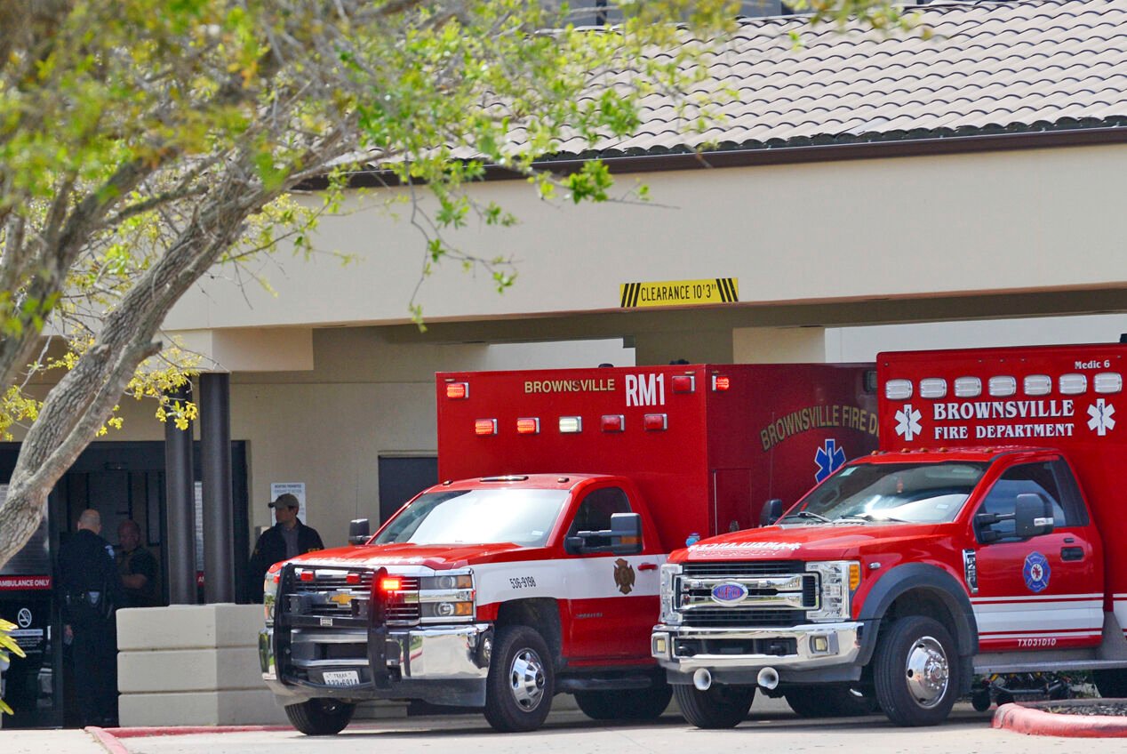 <p>Brownsville Fire Department EMS Ambulances with two surviving U.S. citizens arrive at Valley Regional Medical Center, Tuesday, March 7, 2023, in Brownsville, Texas, after having been kidnapped and shot at by gunmen in Matamoros, Mexico. The March 3 shooting left two other Americans dead. (Miguel Roberts/The Brownsville Herald via AP)</p>