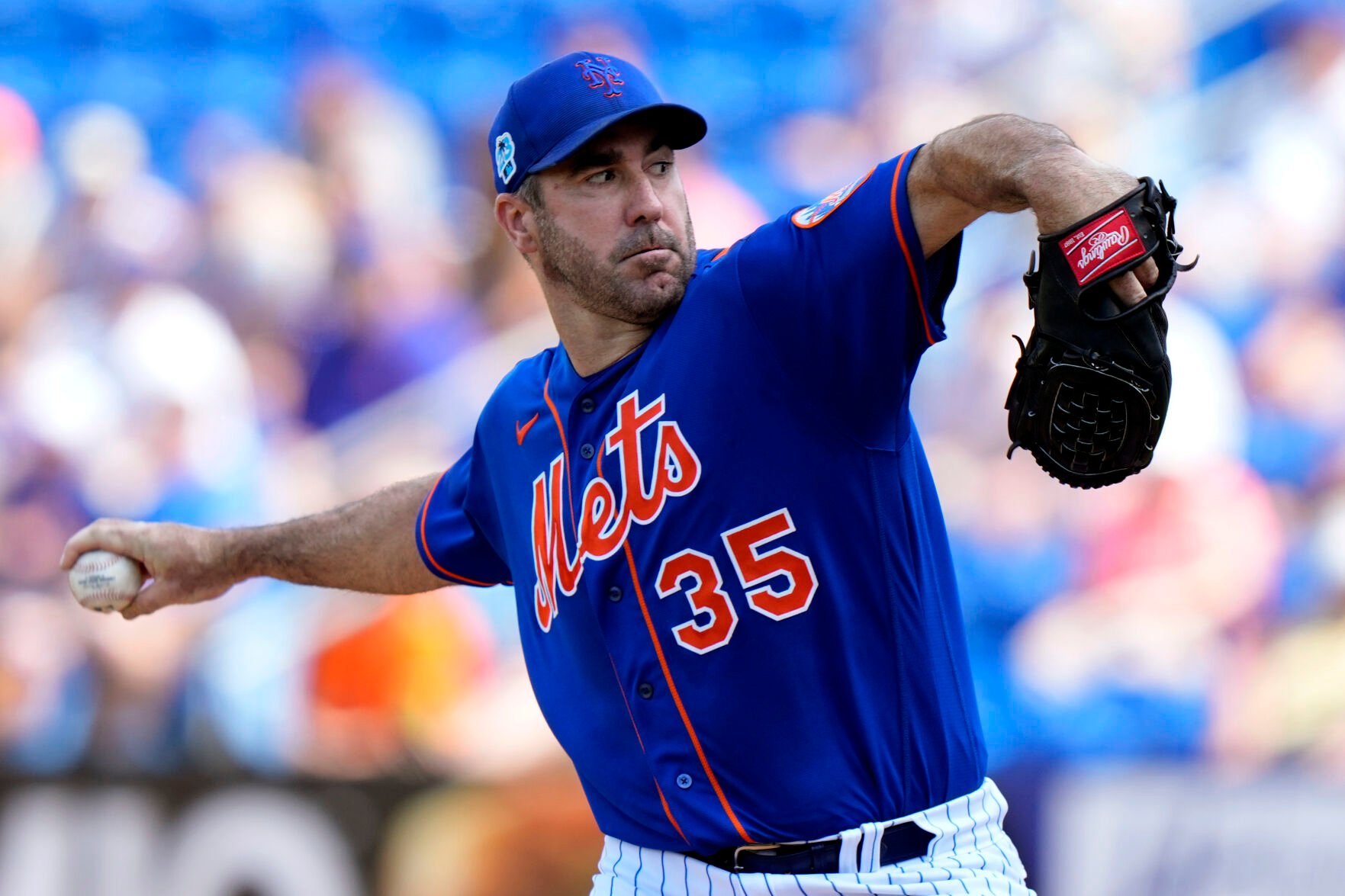<p>New York Mets starting pitcher Justin Verlander throws during the first inning of a spring training game against the Houston Astros on March 10 in Port St. Lucie, Fla.</p>