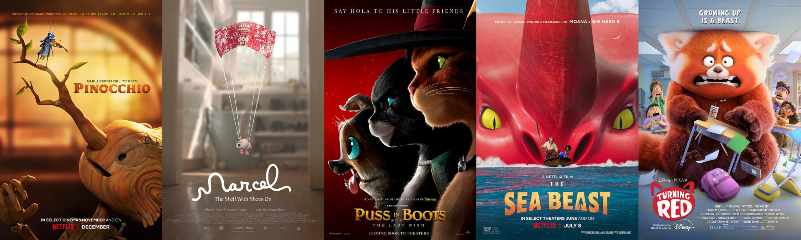 <p>This combination of images shows promotional art for Oscar nominees for best animated feature film, from left, "Guillermo del Toro's Pinocchio," "Marcel the Shell with Shoes On," "Puss in Boots: The Last Wish," "The Sea Beast," and "Turning Red." (Netflix/A24/Universal/Netflix/Walt Disney via AP)</p>
