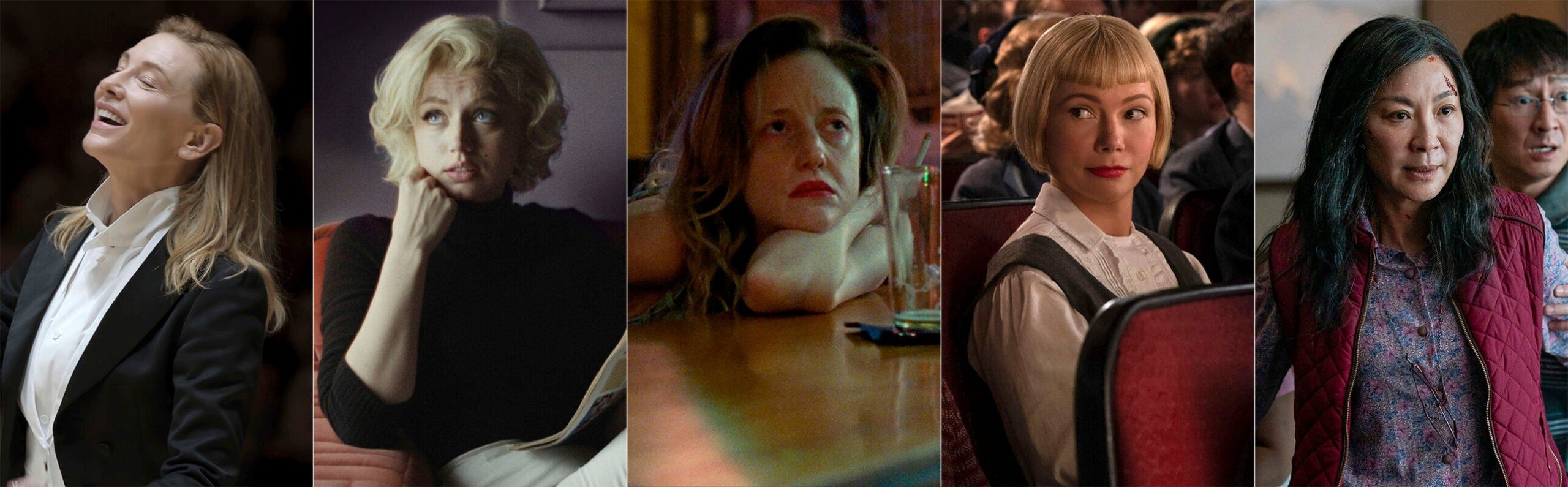 <p>This combination of images shows Oscar nominees for best actress, from left, Cate Blanchett in "Tár," Ana de Armas in "Blonde," Andrea Riseborough in "To Leslie," Michelle Williams in "The Fabelmans," and Michelle Yeoh in "Everything Everywhere All at Once." (Focus Features/Netflix/Momentum Pictures/Universal/A24 via AP)</p>