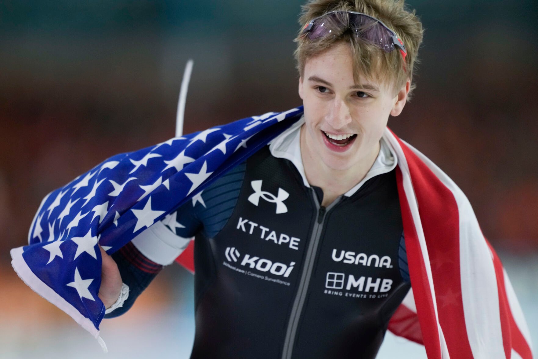 <p>American Jordan Stolz celebrates winning the 1500m at the Speedskating Single Distance World Championships on Sunday at Thialf ice arena in Heerenveen, Netherlands. It was his third gold medal of the event.</p>