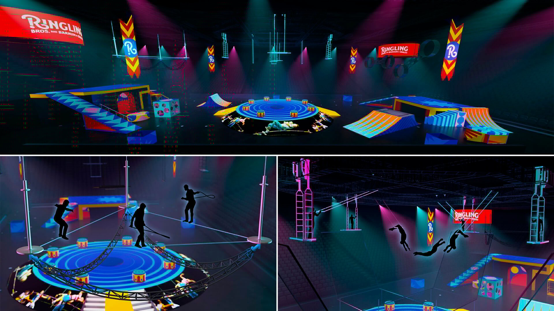 <p>This combination of photos shows art renderings for the reimagined Ringling Bros. and Barnum & Bailey circus, reborn without animals. </p>