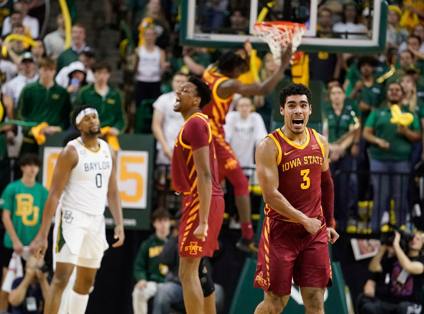 <p>Iowa State guard Tamin Lipsey celebrates after a score against Baylor in the second half of last Saturday's game in Waco, Texas.</p>