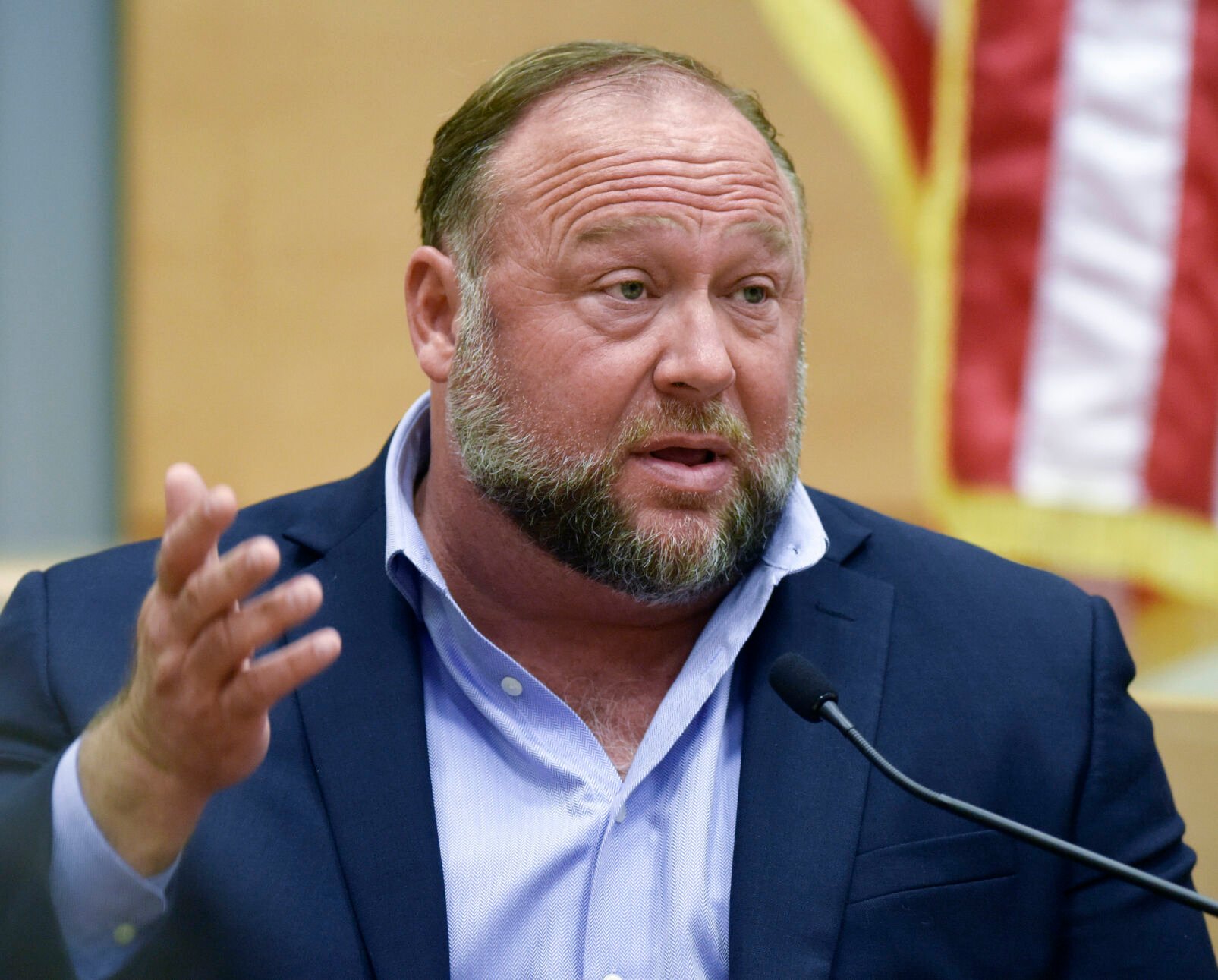 <p>Conspiracy theorist Alex Jones takes the witness stand to testify at the Sandy Hook defamation damages trial at Connecticut Superior Court on Sept. 22, 2022, in Waterbury, Conn. </p>