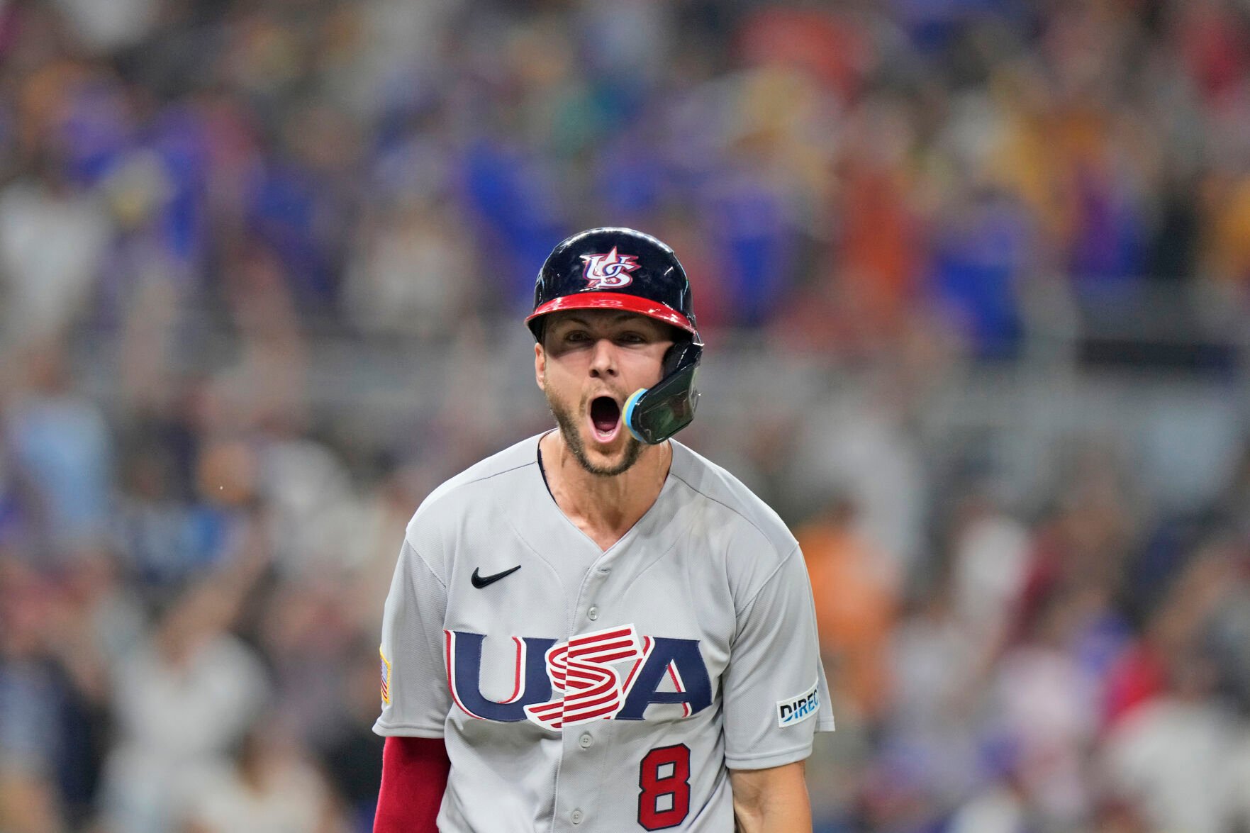 <p>Trea Turner celebrates after he hit a go-ahead grand slam during the eighth inning of the United States' World Baseball Classic game against Venezuela last Saturday.</p>