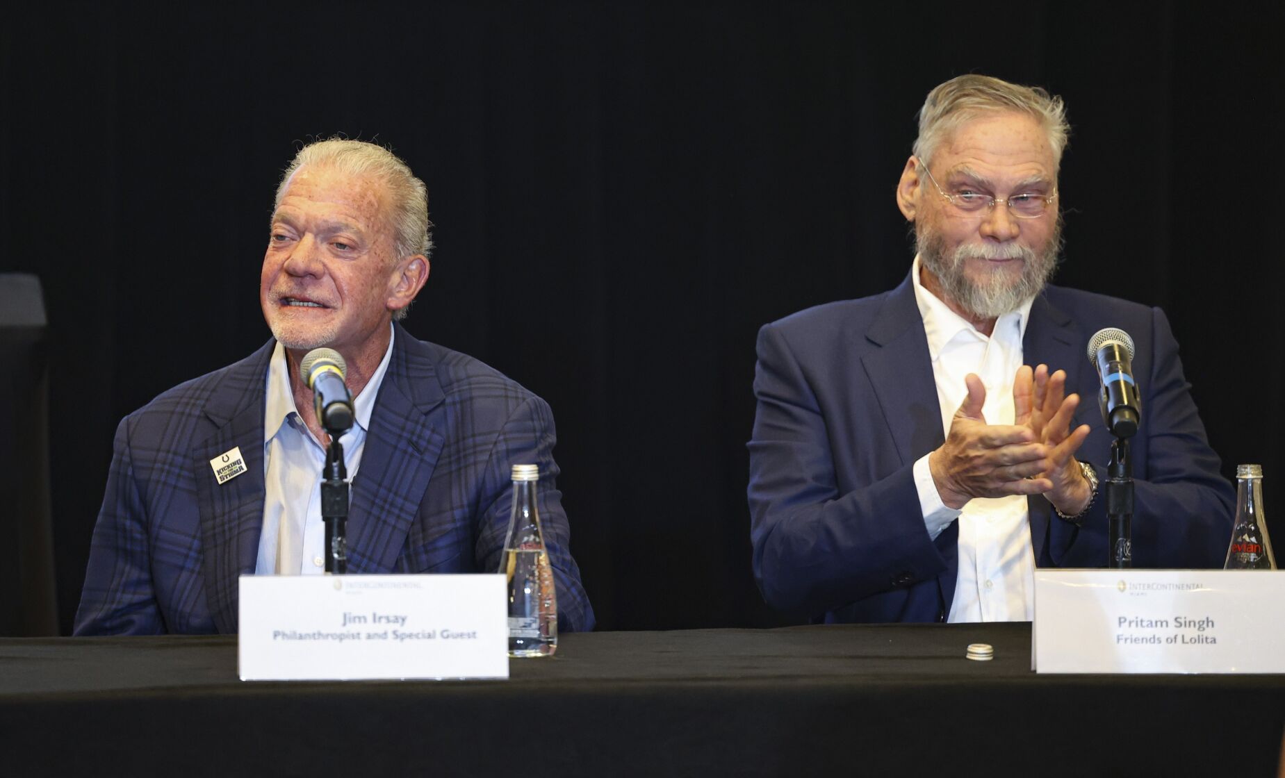 <p>Jim Irsay, CEO of the Indianapolis Colts, left, talks as Pritam Singh, Friends of Lolita, claps during a press conference to discuss the future of Lolita, an orca that has lived at the Miami Seaquarium for more than 50 years.</p>