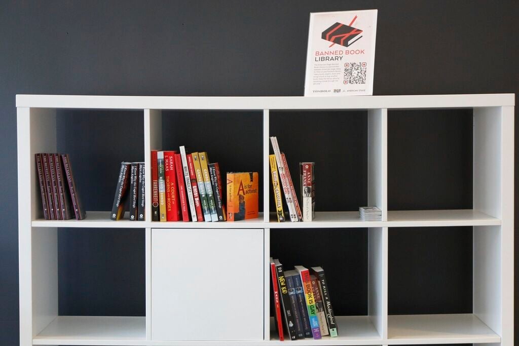 <p>Books are displayed at the Banned Book Library at American Stage in St. Petersburg, Fla., Feb. 18, 2023. </p>