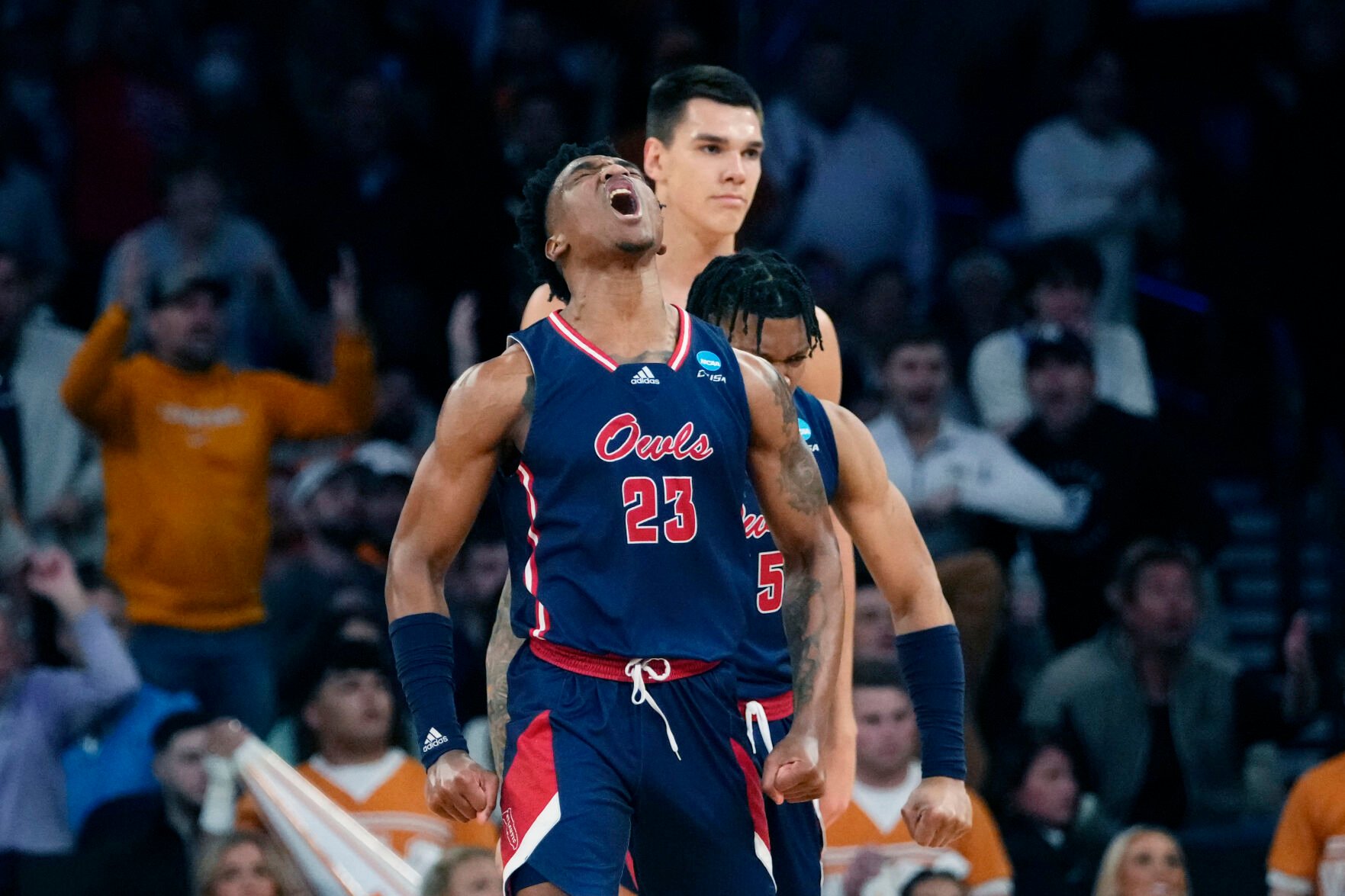 <p>Florida Atlantic guard Brandon Weatherspoon reacts after a play against Tennessee during a Sweet 16 game on Thursday at Madison Square Garden in New York.</p>