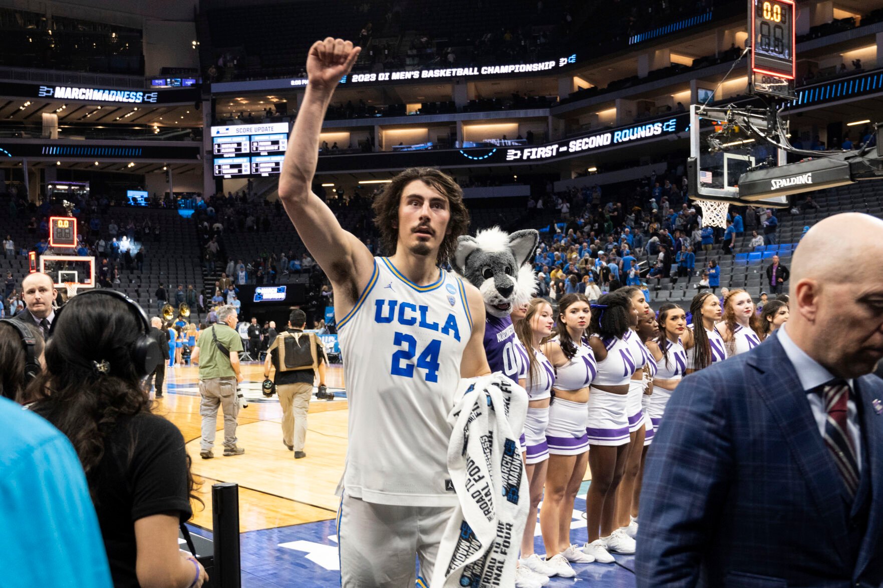 <p>UCLA guard Jaime Jaquez Jr. leaves the court following the team's victory over Northwestern on Saturday.</p>