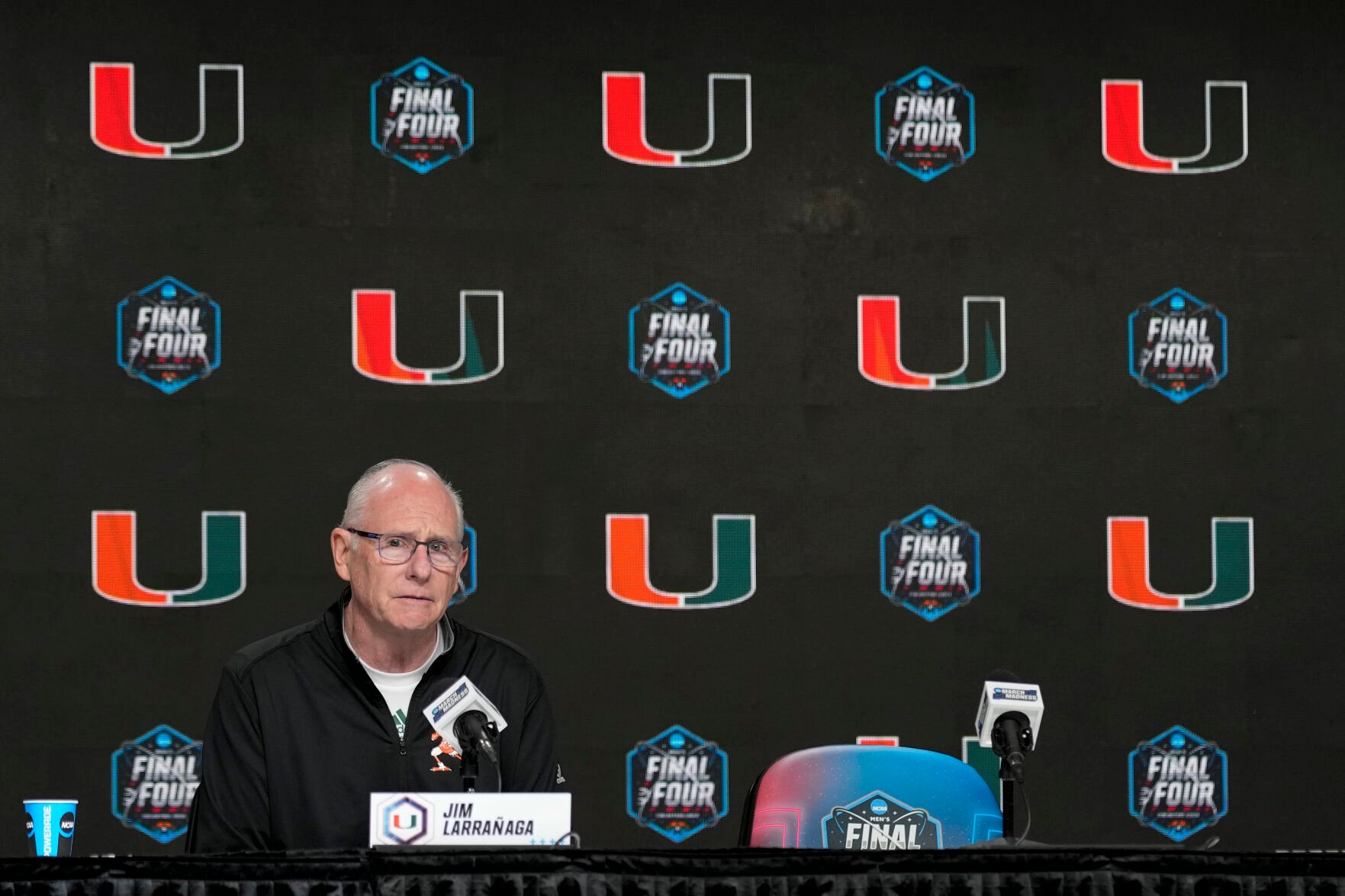 <p>Miami head coach Jim Larranaga speaks during Thursday's news conference in Houston.</p>