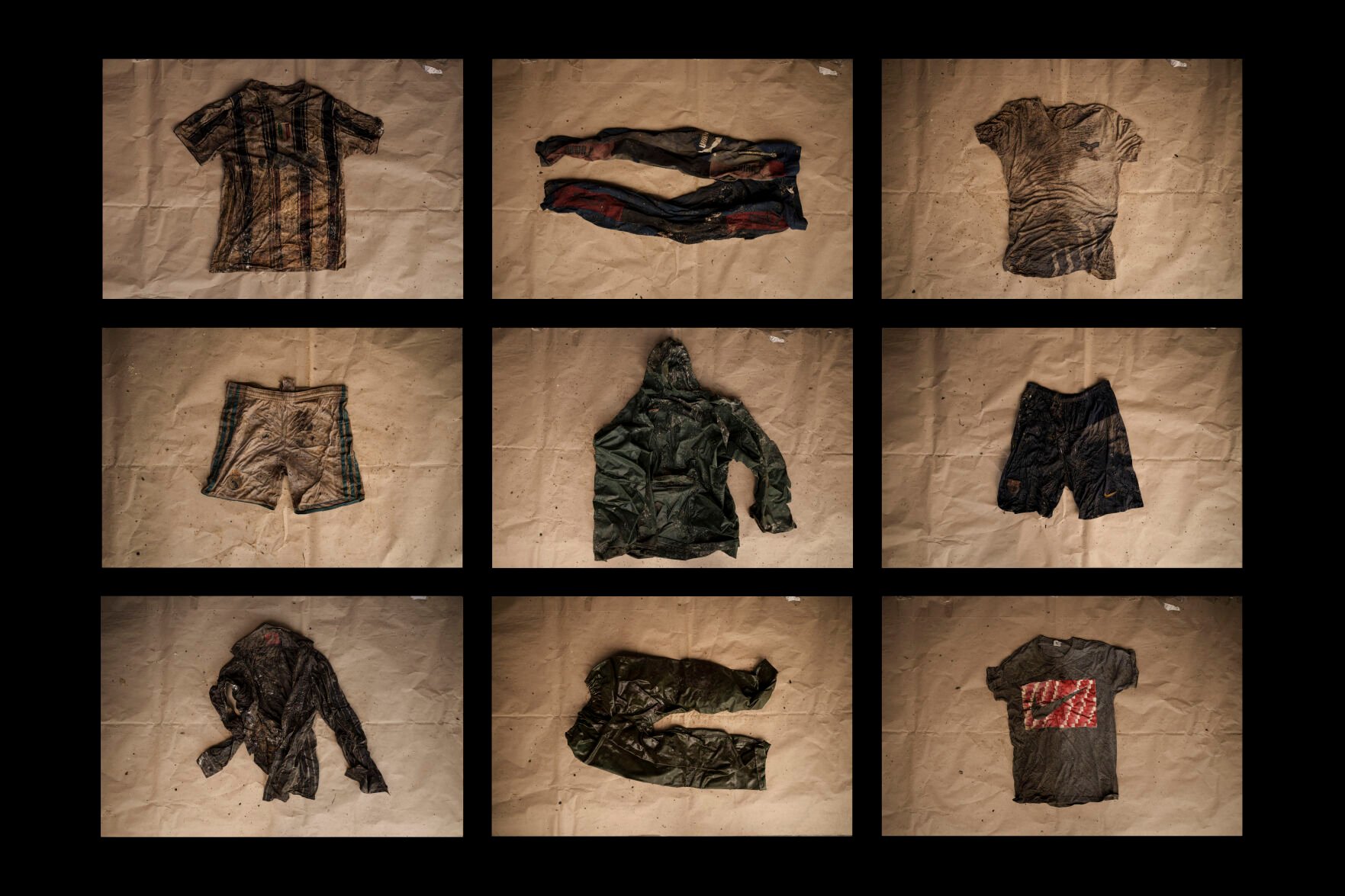 <p>In this combination of photos, clothing found on deceased migrants whose remains were recovered from a Mauritanian boat are laid out at the Scarborough police station Jan. 21, 2022, on the island of Tobago, Trinidad and Tobago. The boat was found by local fishermen drifting nearby on May 28, 2021, with 14 bodies and other skeletal remains inside.</p>