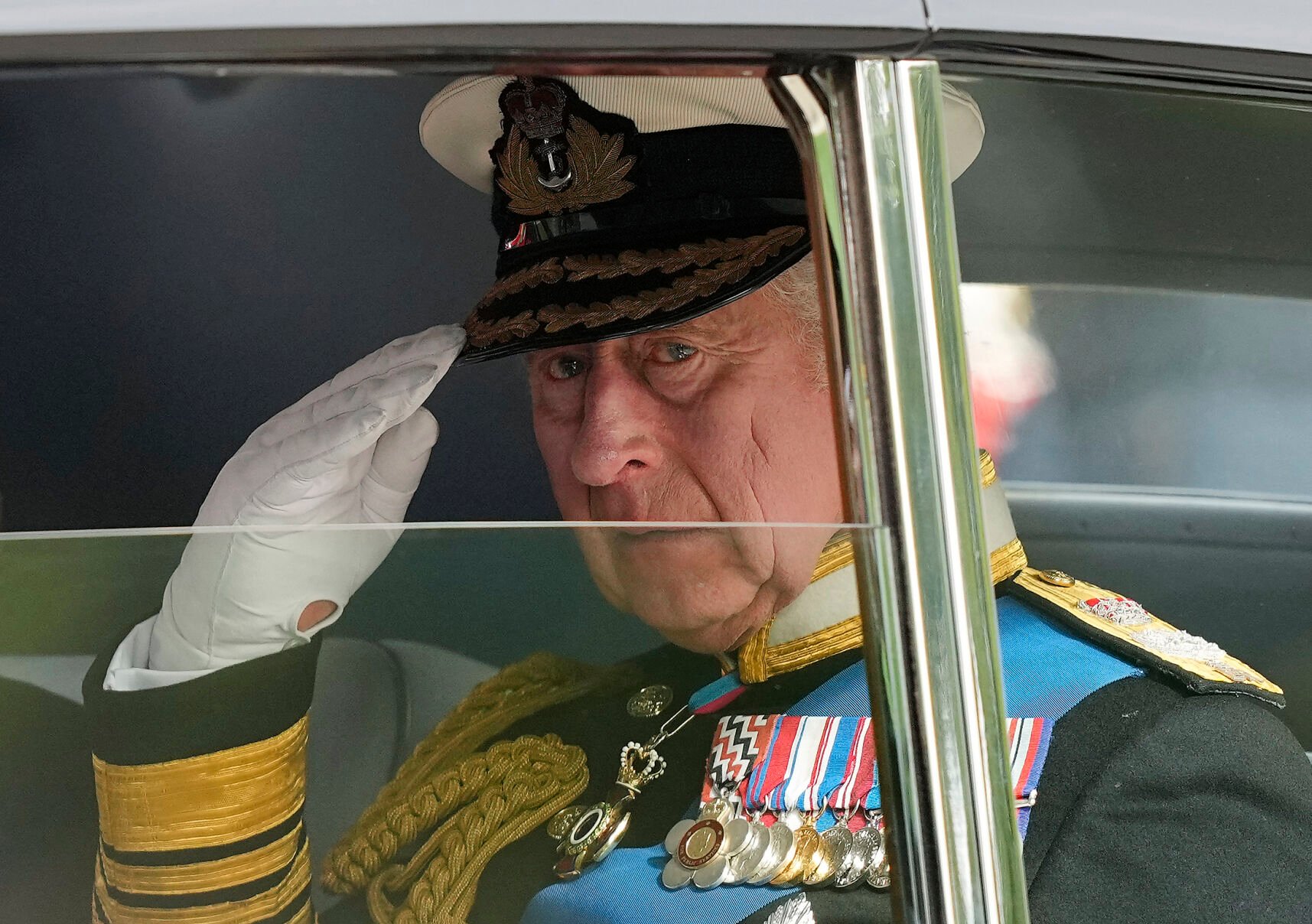 <p>King Charles III salutes Sept. 19 following the state funeral service of Queen Elizabeth II in Westminster Abbey in central London, England.</p>