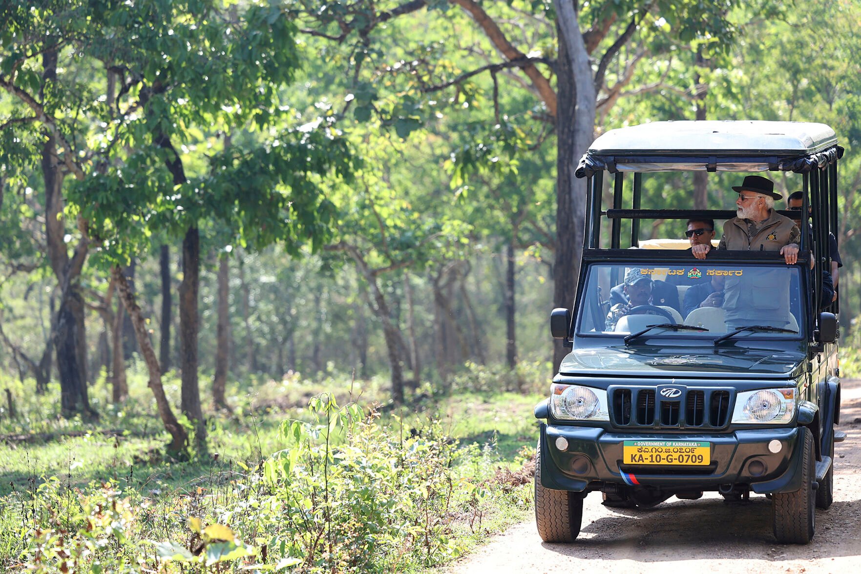 <p>In this handout photo released by Press Information Bureau of India, Indian Prime Minister Narendra Modi rides in a jeep during his visit to Bandipur Tiger Reserve, in southern state of Karnataka, India, Sunday, April 9, 2023. (Press Information Bureau via AP)</p>