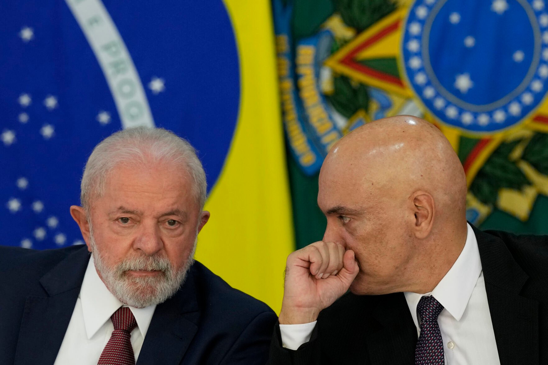 <p>Brazil's President Luiz Inacio Lula da Silva, left, and Supreme Court Justice Alexandre de Moraes attend a meeting regarding school security April 18 at the Planalto Palace in Brasilia, Brazil.</p>