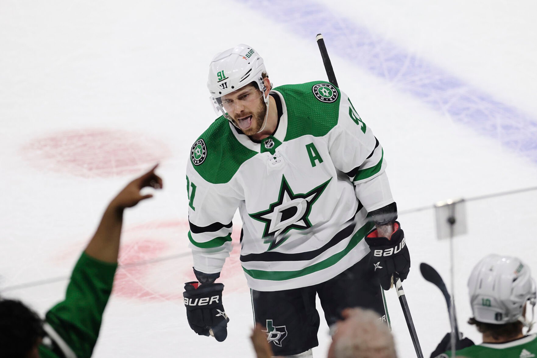 <p>Dallas Stars center Tyler Seguin reacts after scoring a goal against the Minnesota Wild during Sunday's Game 4 of their first-round playoff series in St. Paul, Minn.</p>