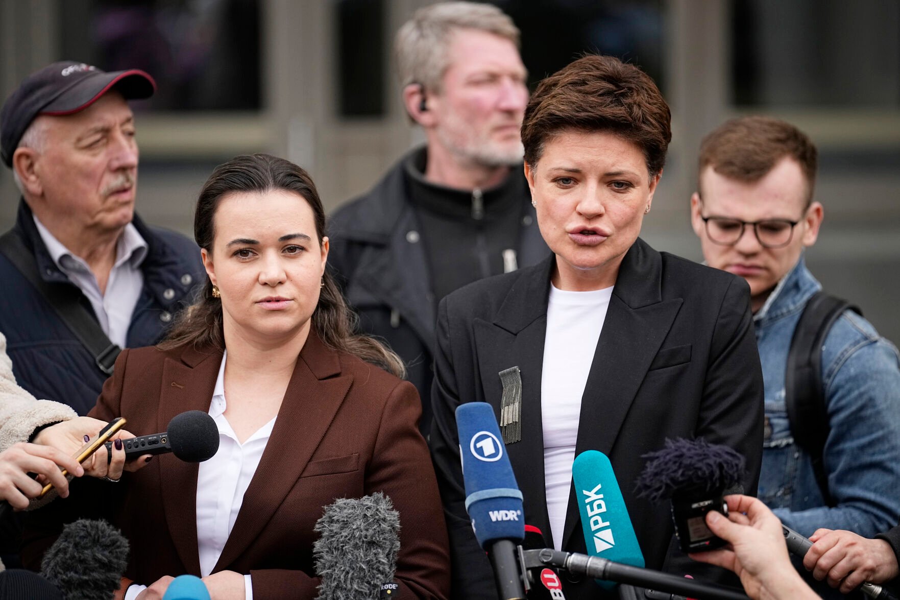 <p>Wall Street Journal reporter Evan Gershkovich's lawyers Maria Korchagina and Tatiana Nozhkina speak to the media Tuesday after a hearing in Moscow City Court.</p>