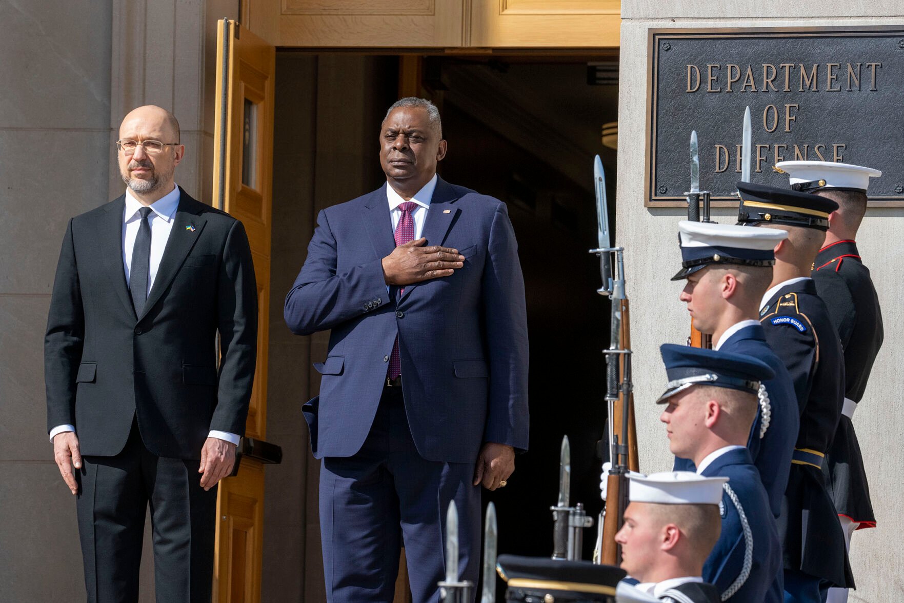 <p>Ukrainian Prime Minister Denys Shmyhal, left, stands with Secretary of Defense Lloyd Austin during an honor cordon ceremony Wednesday upon his arrival at the Pentagon in Washington.</p>