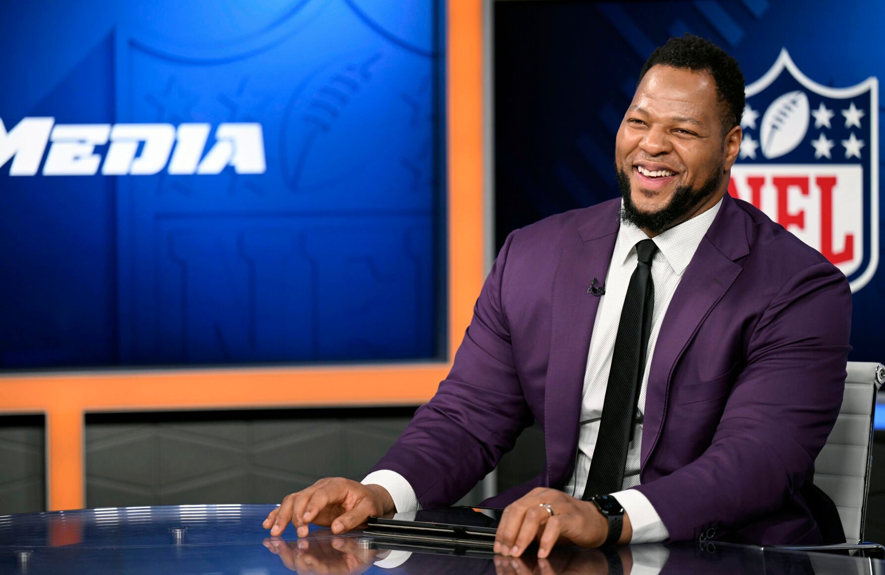 <p>Ndamukong Suh, a 13-year NFL veteran, attends the league's <span>Broadcasting and Media Workshop on April 6</span> at the NFL Media Building in Inglewood, Calif.</p>