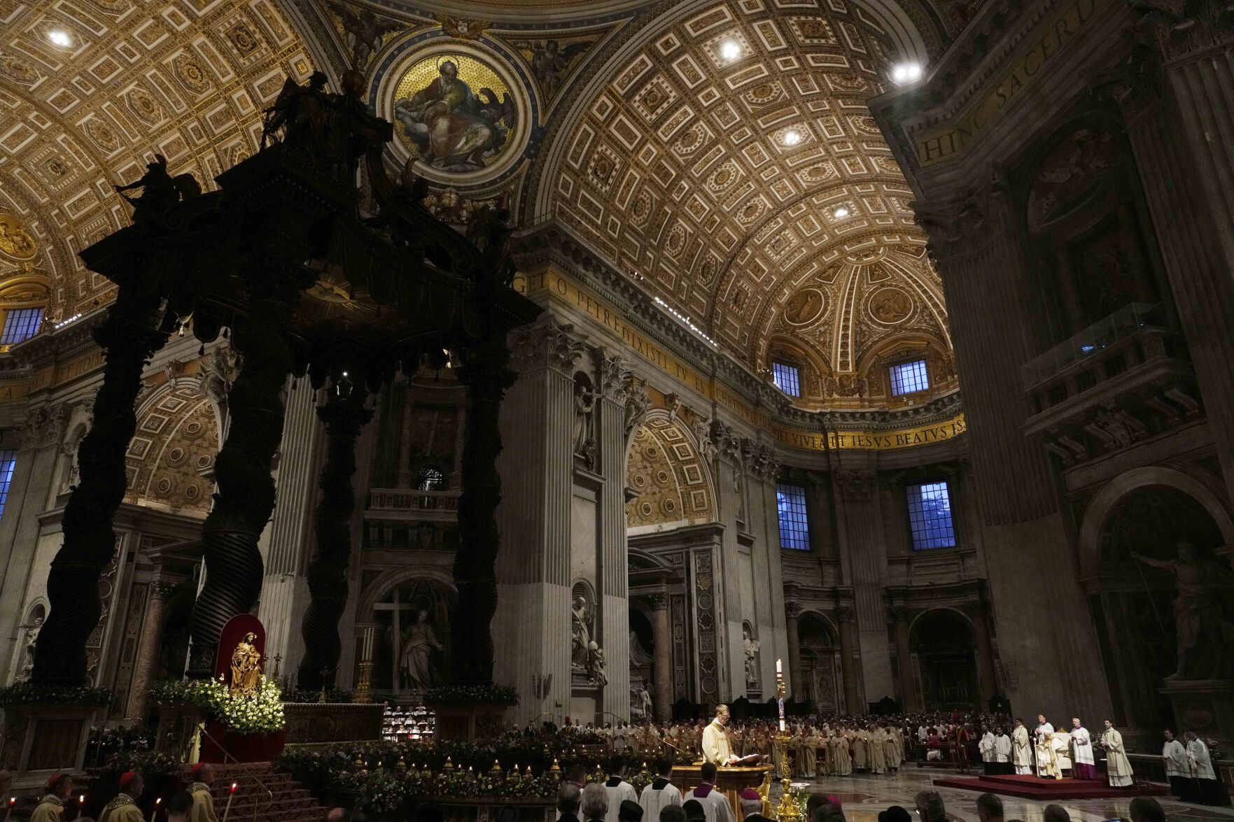 <p>Pope Francis presides over an Easter vigil ceremony Saturday in St. Peter's Basilica at the Vatican.</p>