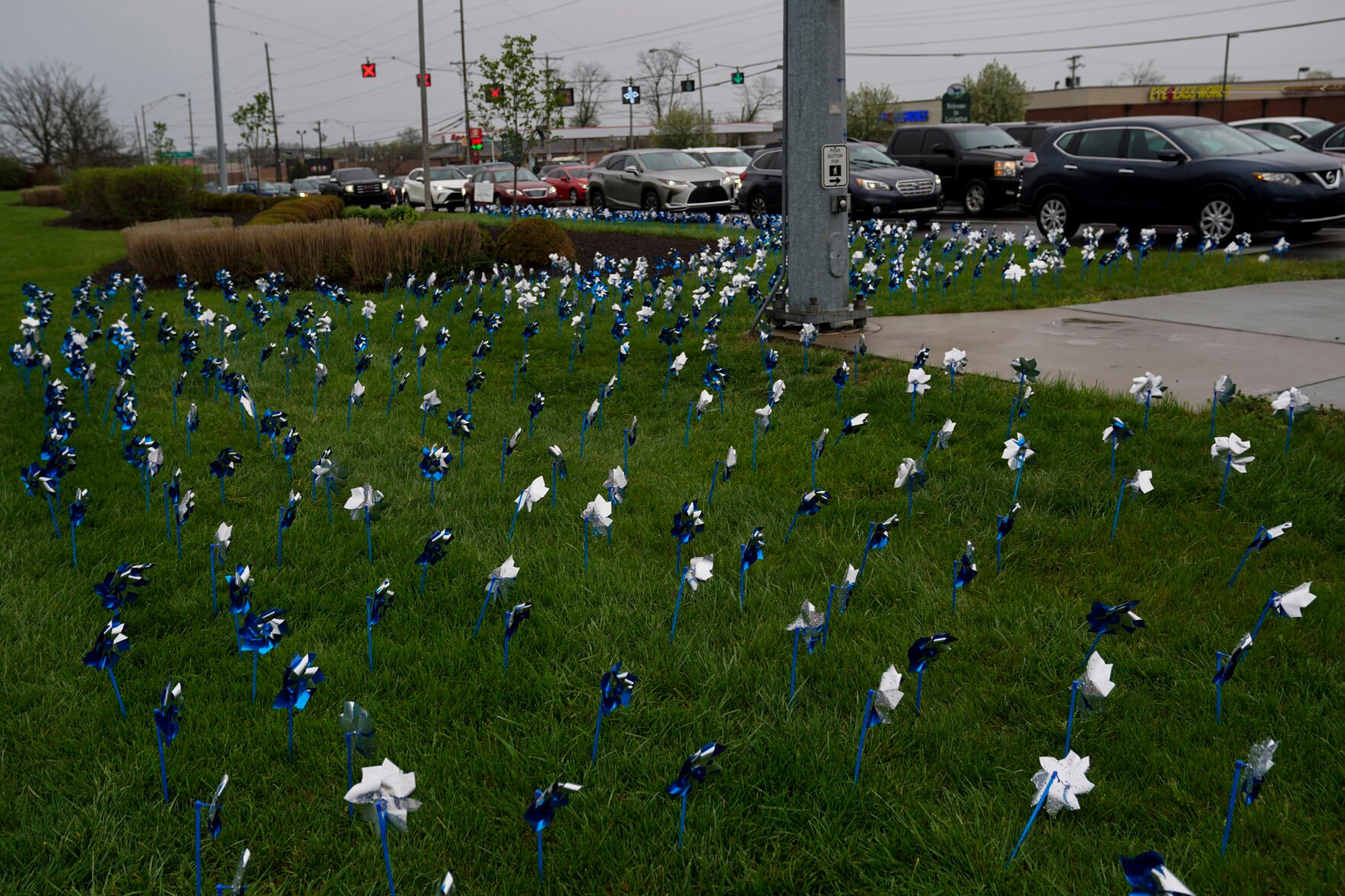 <p>Blue pinwheels, each representing a child who was a victim of abuse or neglect in Fayette County, Ky., in 2022, are on display near an intersection April 6 in Lexington, Ky. </p>