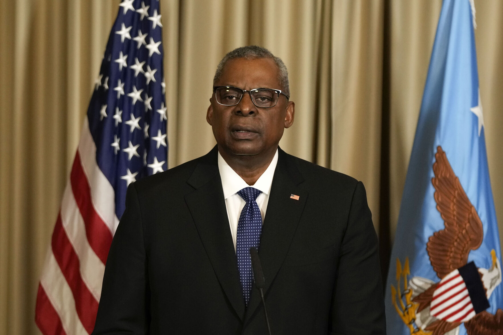 <p>U.S. Defense Secretary Lloyd Austin talks to the media after the meeting of the 'Ukraine Defense Contact Group' at Ramstein Air Base in Ramstein, Germany, on Friday.</p>