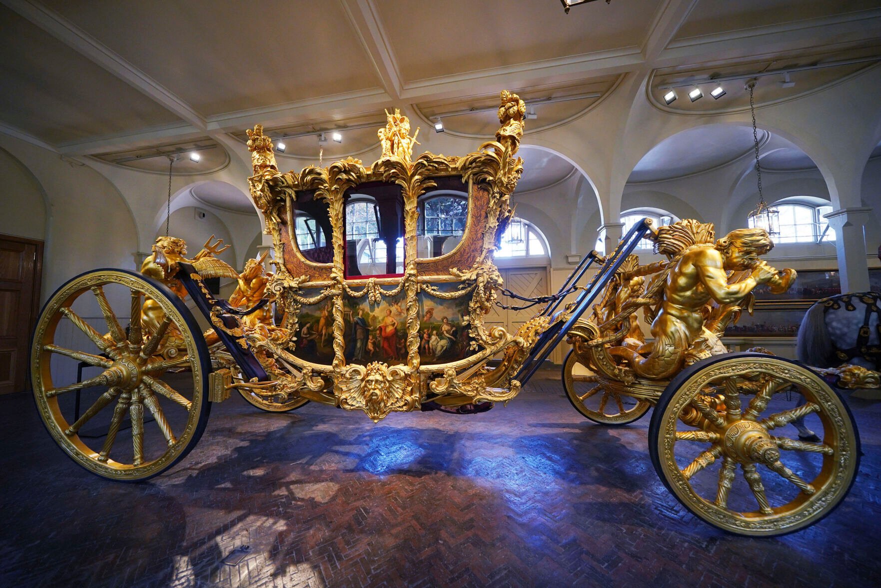 <p>King Charles III and the Queen Consort will return to Buckingham Palace in this Gold State Coach, seen on display in London's Buckingham Palace, after the coronation on May 6. </p>