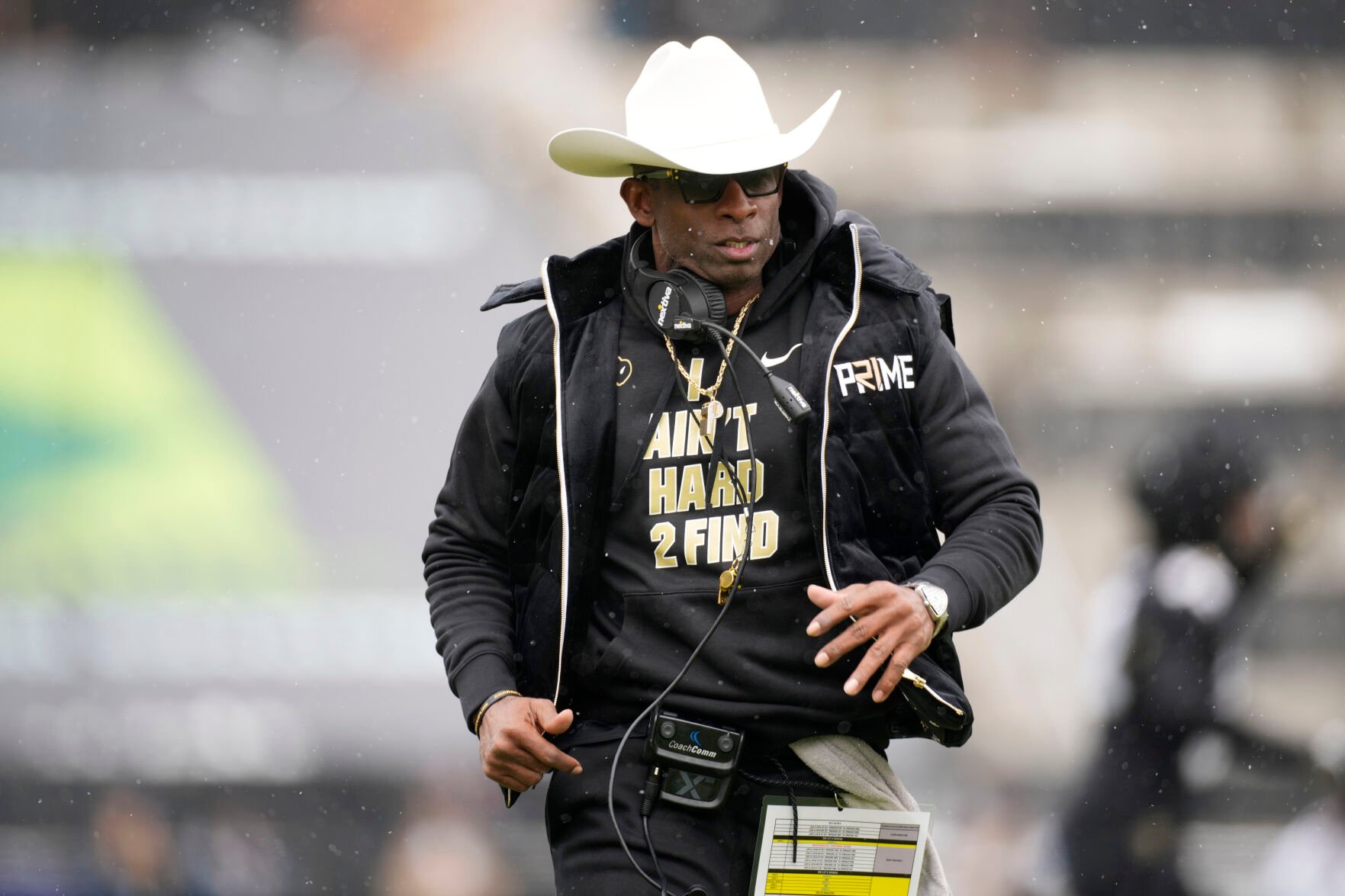 <p>Colorado head coach Deion Sanders looks on during the first half of the team's spring game on Saturday in Boulder, Colo.</p>