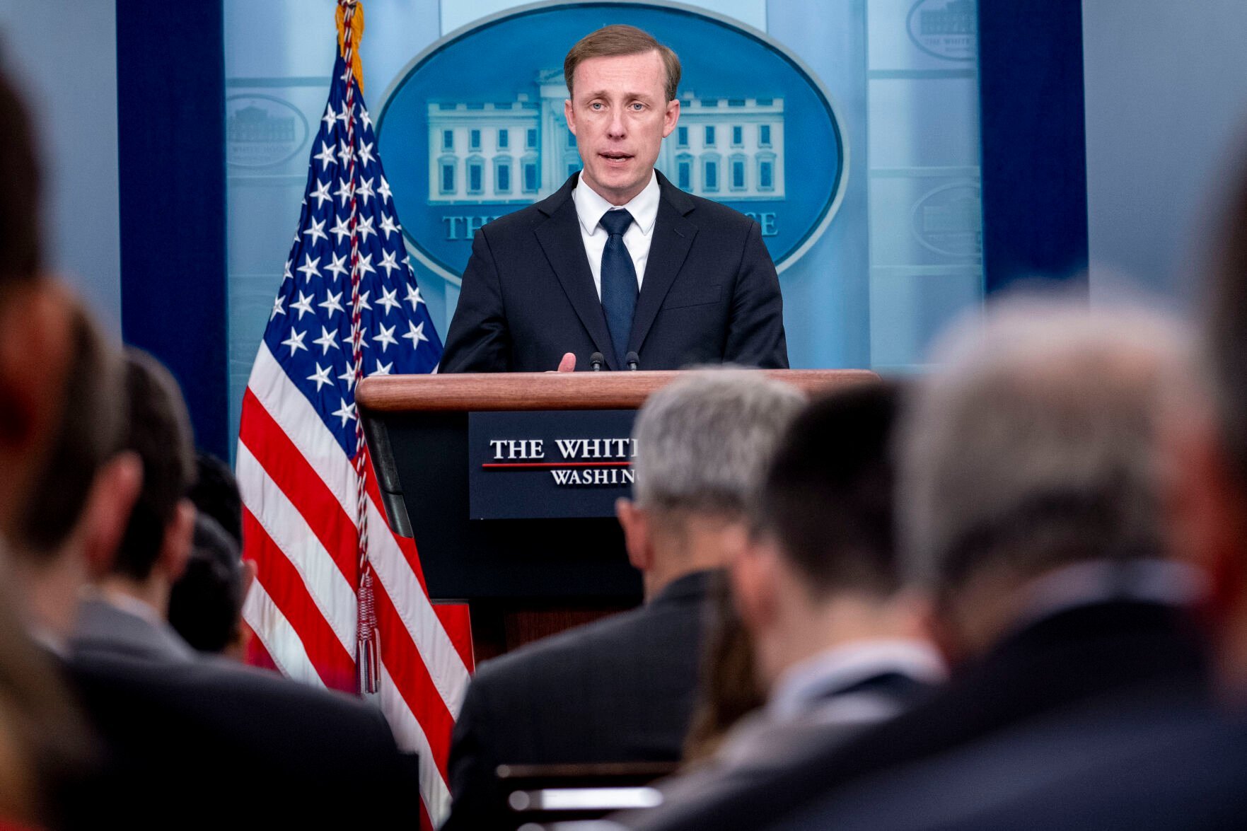 <p>White House national security adviser Jake Sullivan speaks at a press briefing at the White House in Washington on Monday.</p>