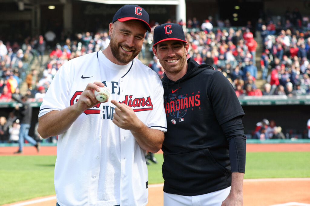 Super Bowl Winner Travis Kelce Throws A Comical First Pitch At Guardians Game