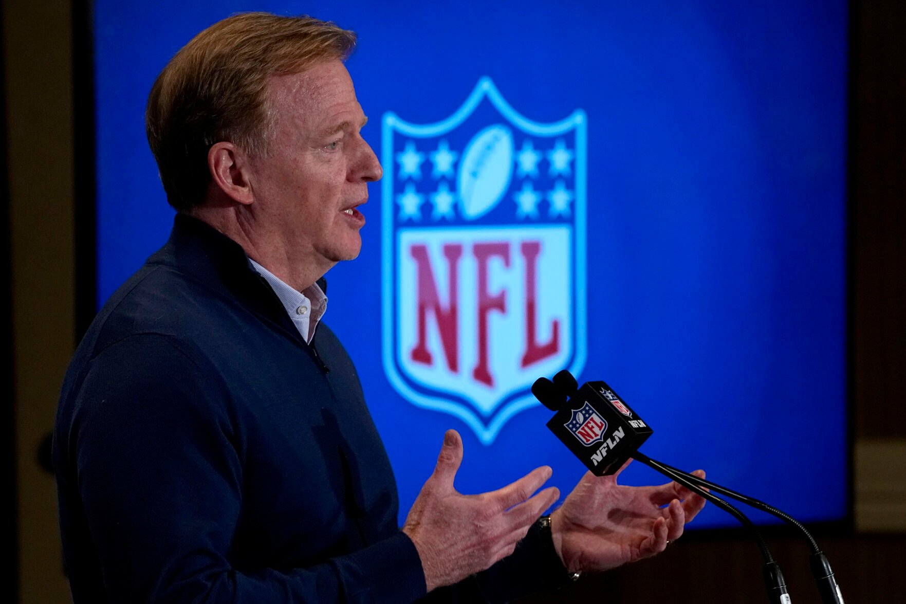 <p>NFL Commissioner Roger Goodell speaks during media availability at the NFL meetings on March 28 in Phoenix.</p>