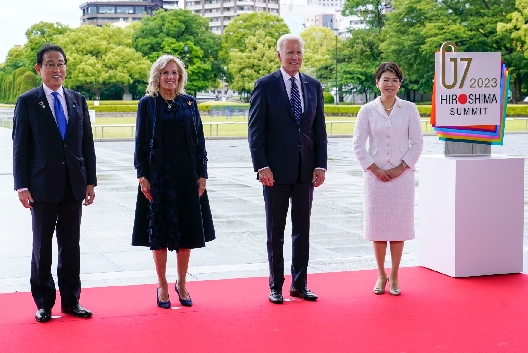 <p>U.S. President Joe Biden and first lady Jill Biden pose for a photo Friday with Japan's Prime Minister Fumio Kishida, left, and his wife, Yuko Kishida, right, at the Hiroshima Peace Memorial Park in Hiroshima, Japan.</p>