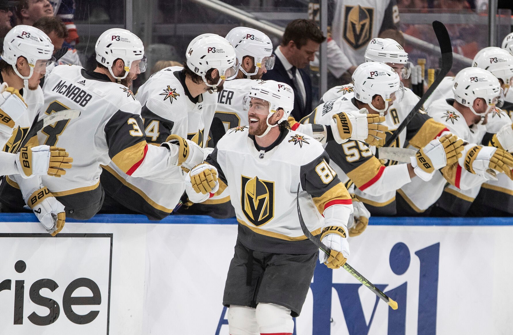<p>The Vegas Golden Knights' Jonathan Marchessault celebrates a goal against the Edmonton Oilers with teammates during Game 6 of their second-round playoff series on Sunday in Edmonton, Alberta.</p>