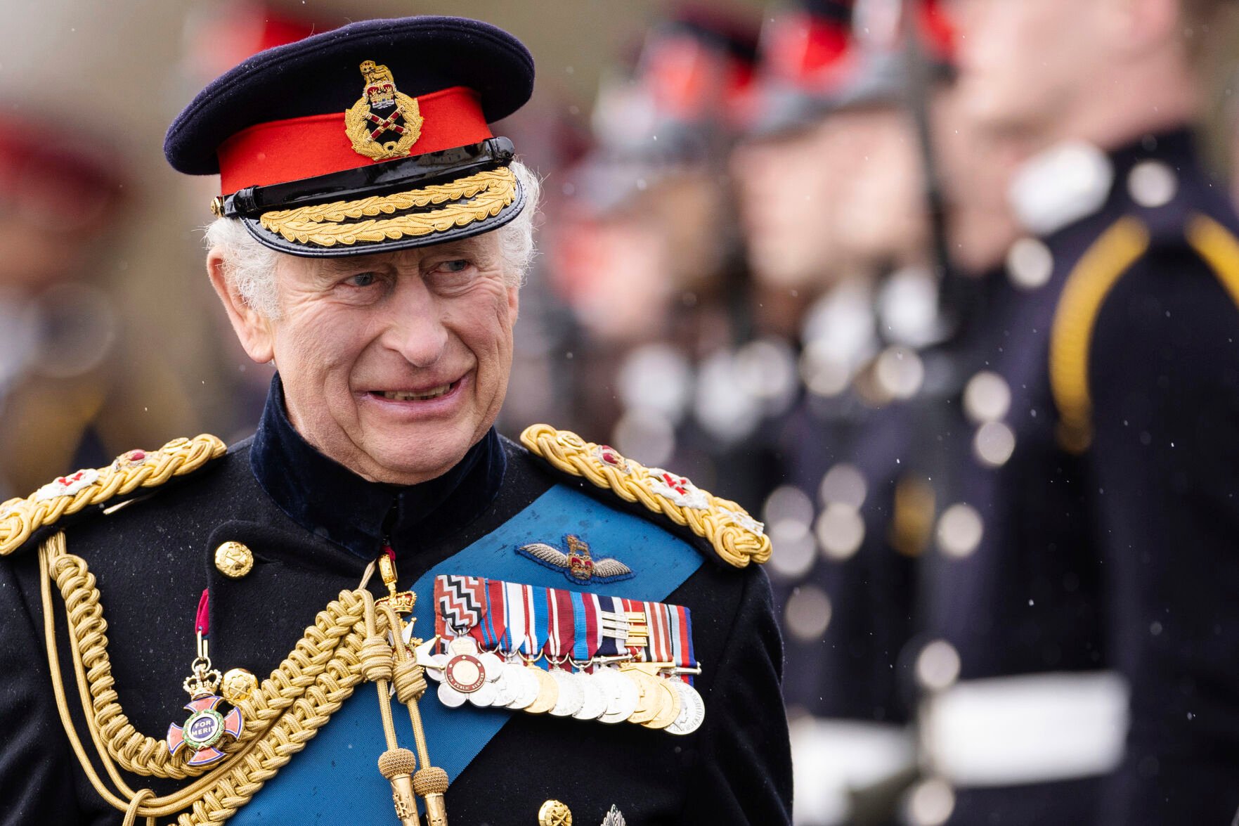 <p>Britain's King Charles III inspects the 200th Royal Military Academy Sandhurst Sovereign's Parade on April 14 in Camberley, England.</p>