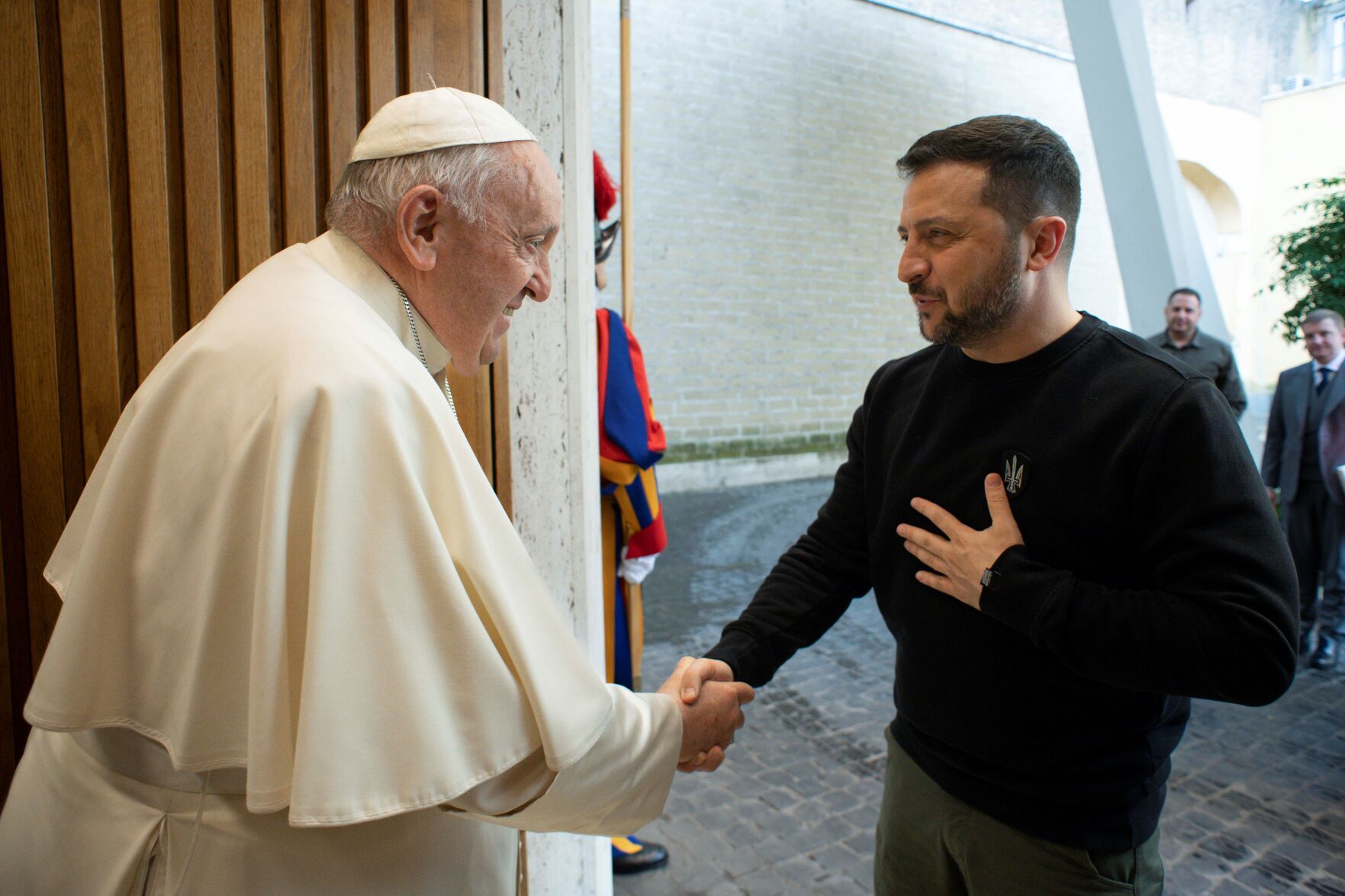 <p>Pope Francis meets Ukrainian President Volodymyr Zelenskyy during a private audience Saturday at The Vatican.</p>