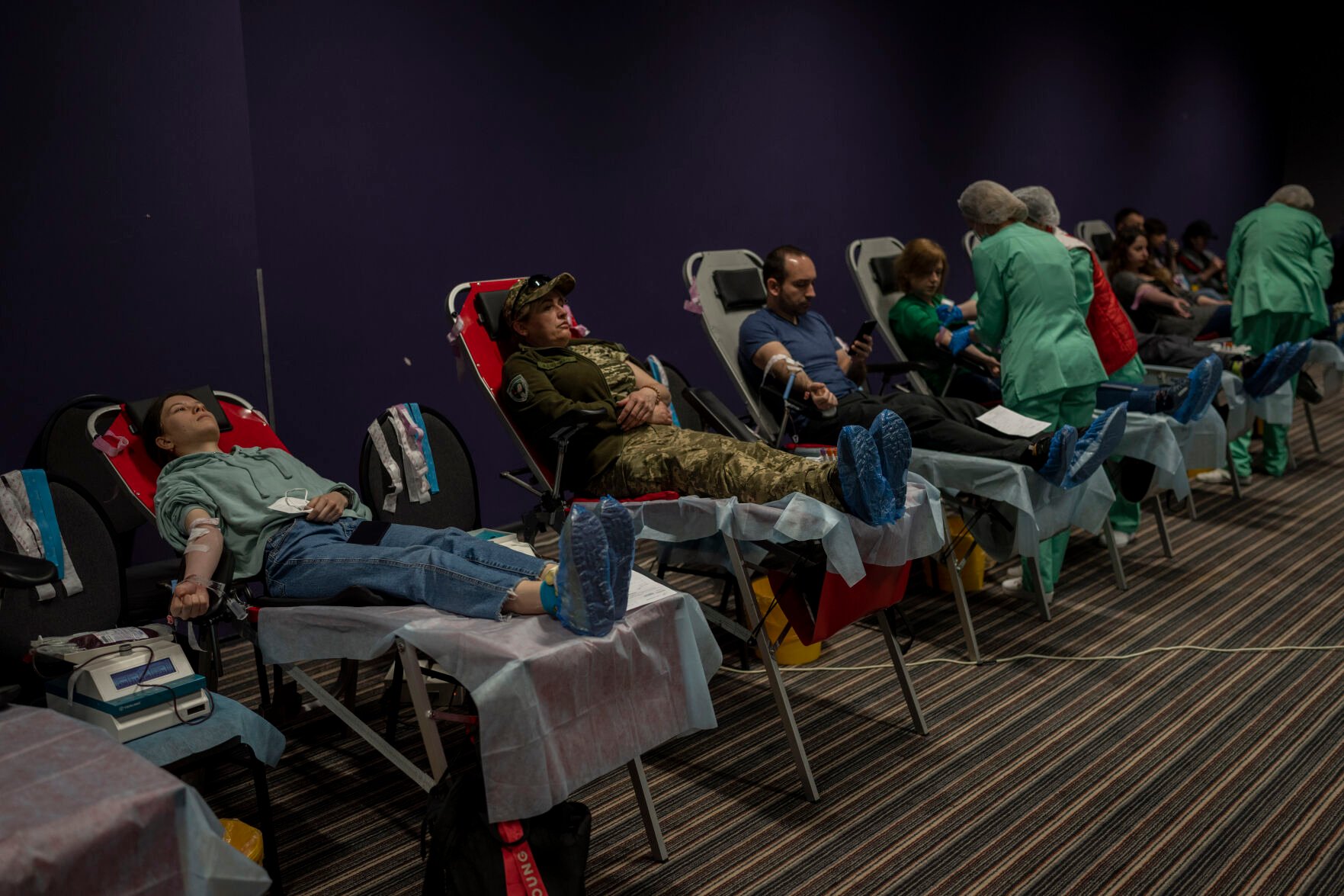 <p>People donate blood Saturday in Kyiv, Ukraine.</p>
