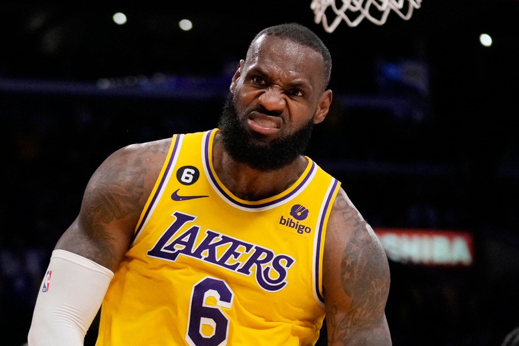 <p>Los Angeles Lakers forward LeBron James reacts after scoring during Game 6 of their Western Conference semifinal series against the Golden State Warriors on Friday in Los Angeles.</p>