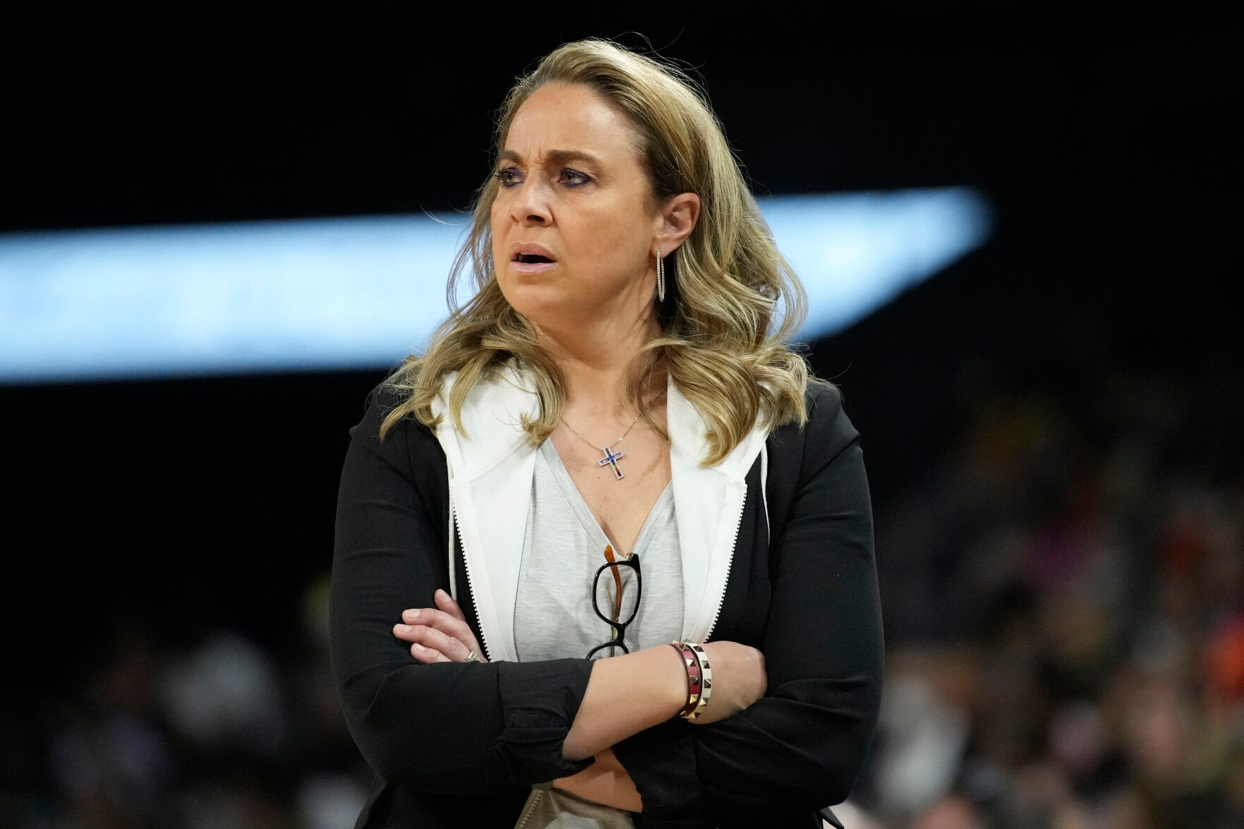 <p>Las Vegas Aces head coach Becky Hammon looks on during a 2022 WNBA game against the Dallas Wings in Las Vegas.</p>