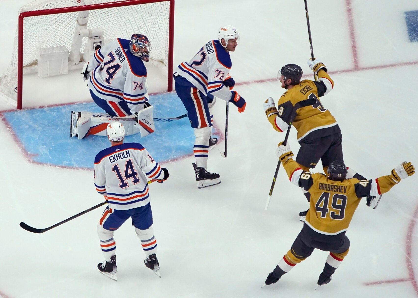 <p>Vegas Golden Knights center Jack Eichel (9) celebrates after scoring against Edmonton Oilers goaltender Stuart Skinner (74) during Game 5 of their second-round playoff series on Friday in Las Vegas.</p>