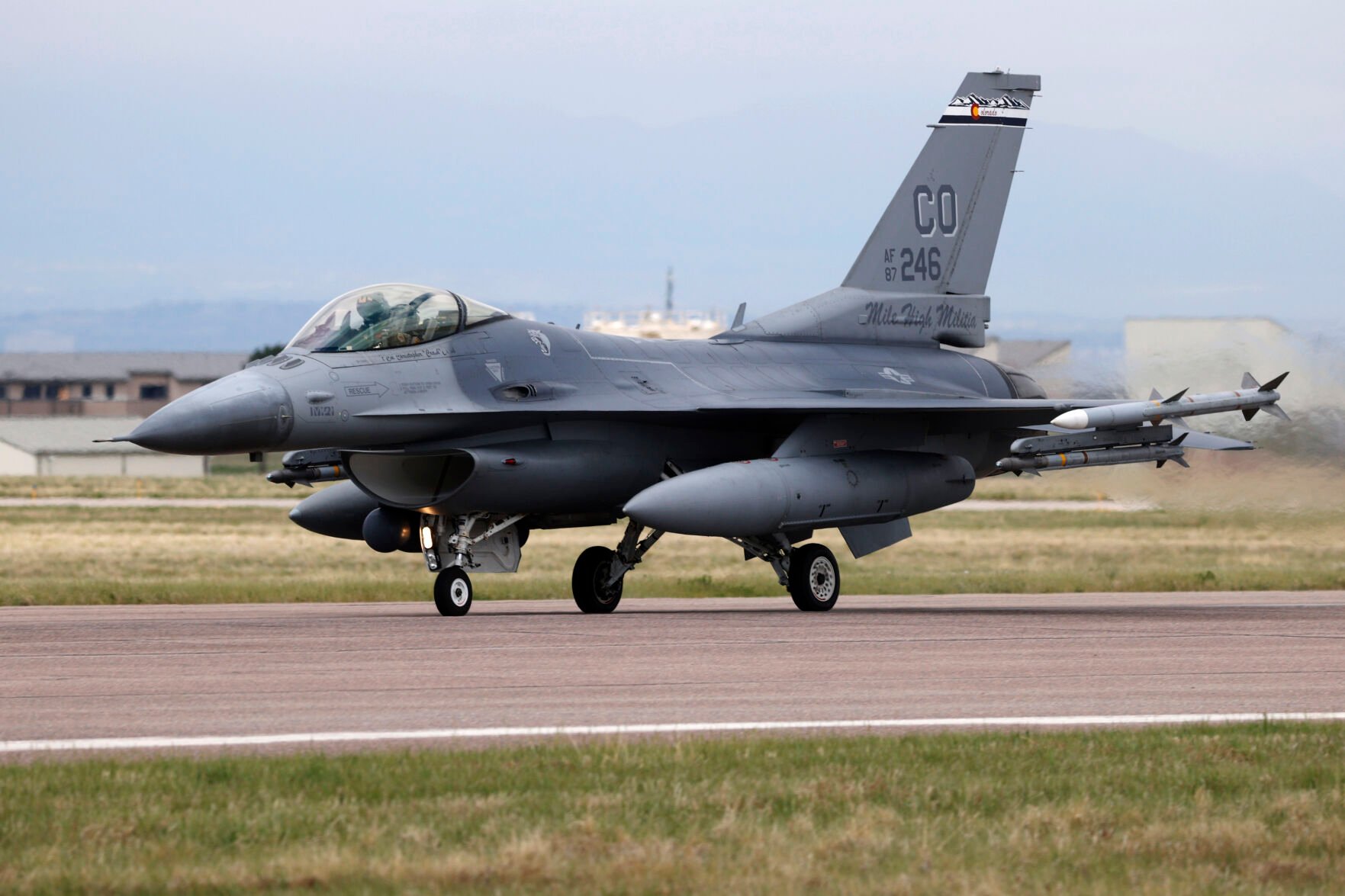 <p>An F-16 Fighting Falcon from Colorado Air National Guard's 140th Wing takes off May 15, 2020, from Buckley Air Force Base in Aurora, Colo.</p>